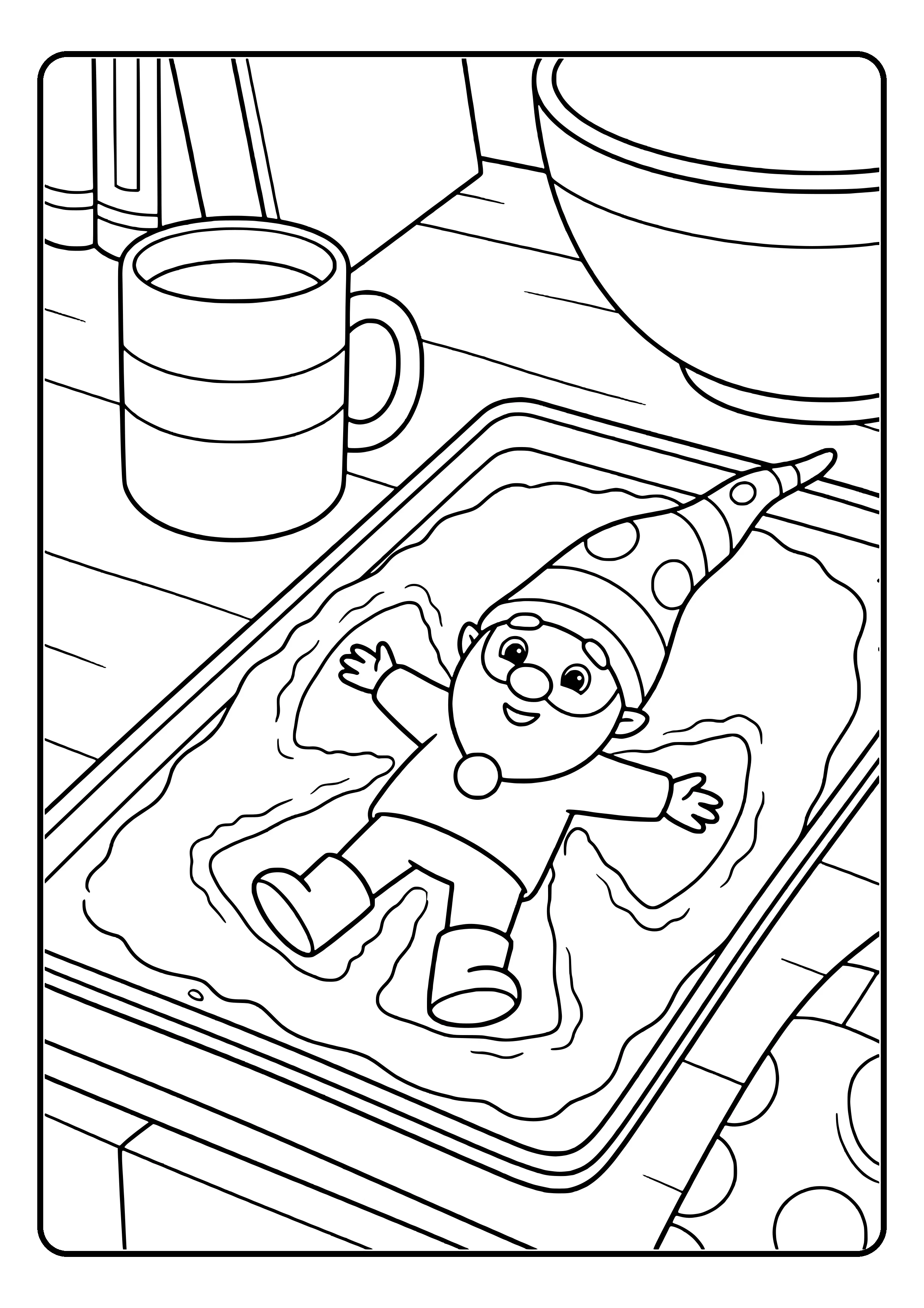Elf prank idea powdered sugar snow angel: the little elf lies on a baking sheet in powdered sugar and makes a snow angel – coloring page