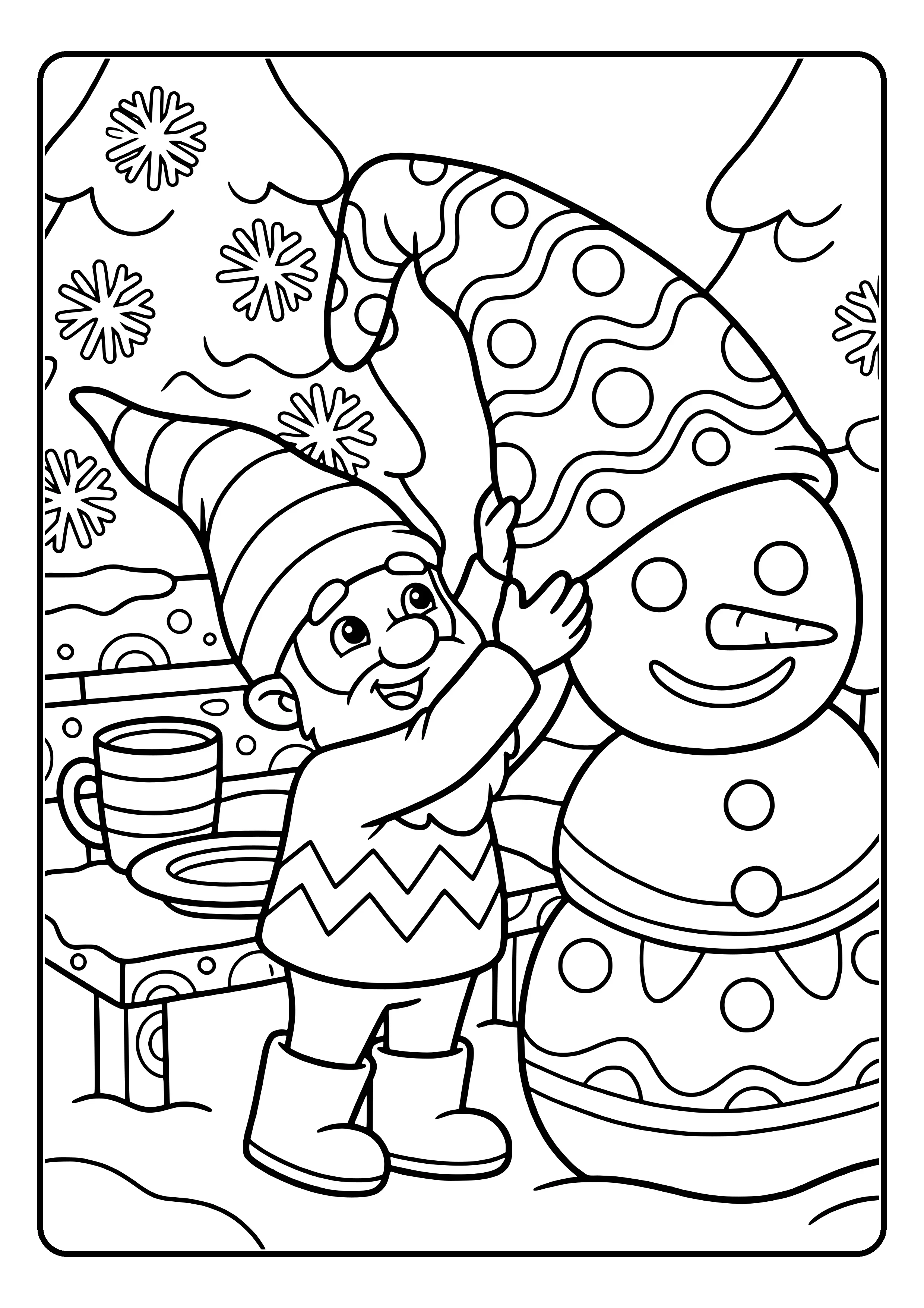 Elf prank idea snowman with elf hat: the little elf puts a big pointed hat on a snowman in the yard – coloring page