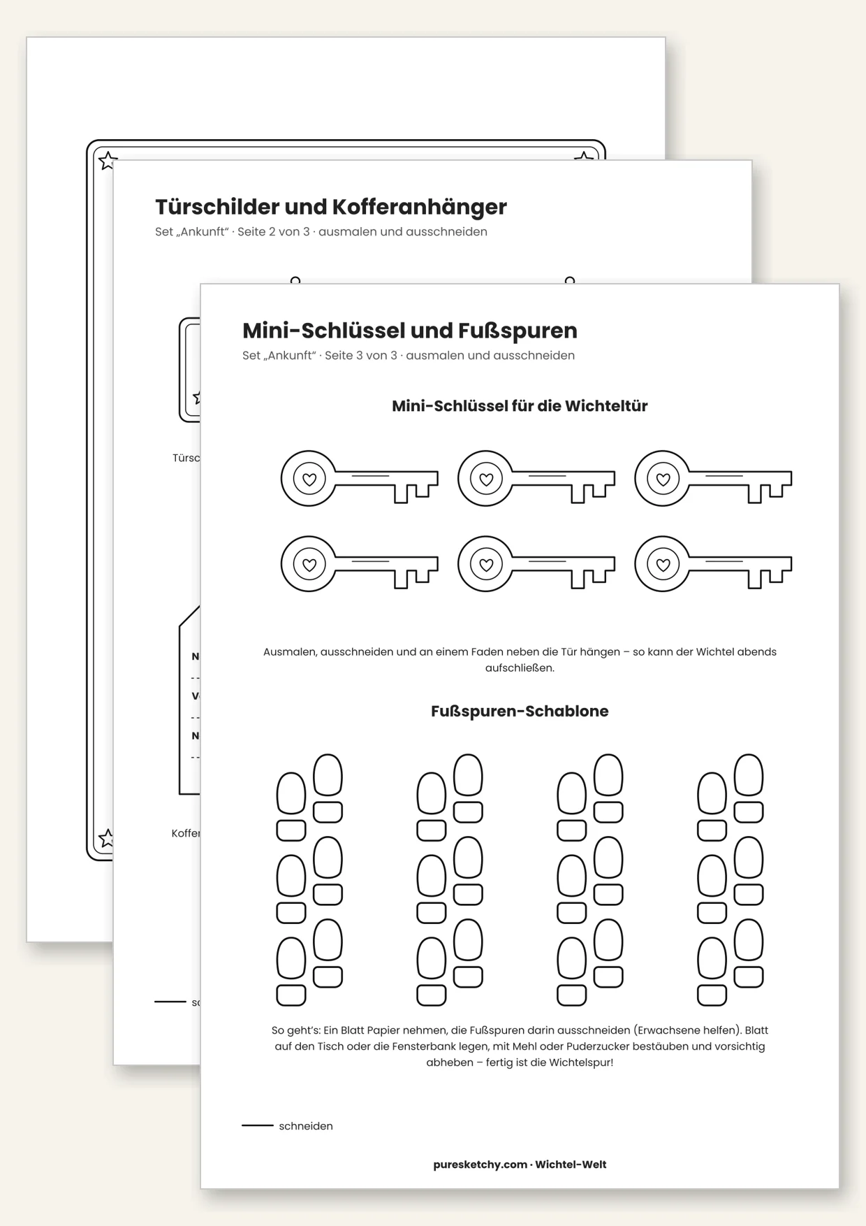 Druckvorlage Wichtel Ankunft: Begrüßungsbrief, Türschild, Mini-Schlüssel und Fußspuren-Schablone