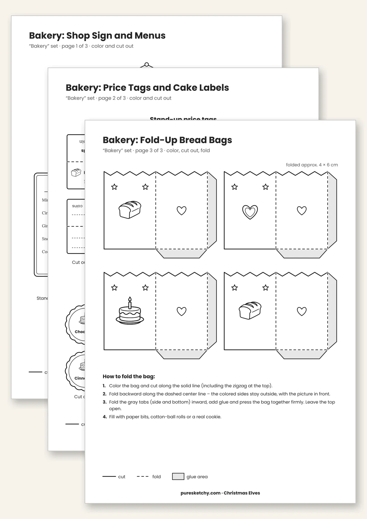 Printable elf bakery set with shop sign, menu, price tags, cake labels and a bread bag to fold