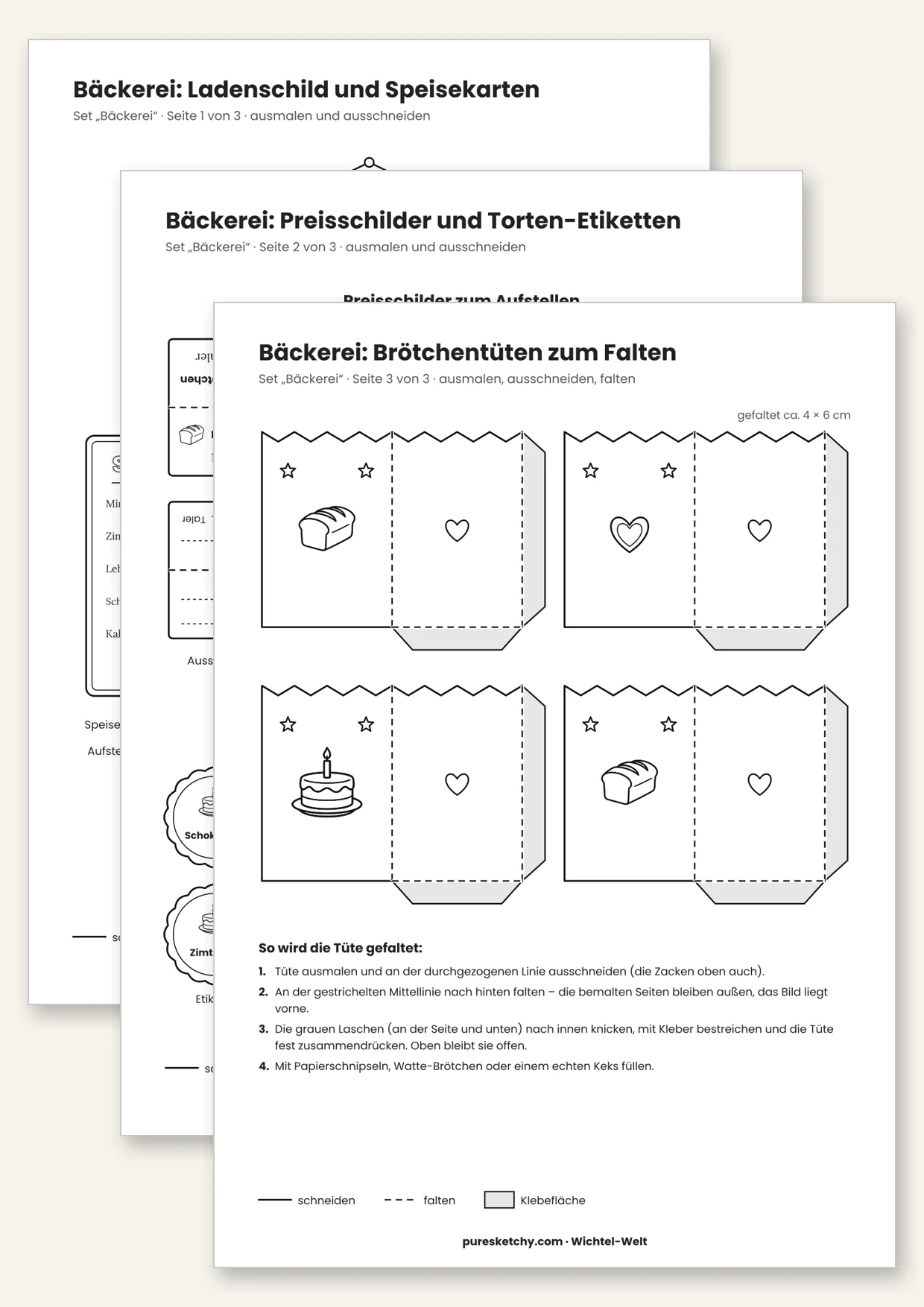 Druckvorlage Wichtel-Bäckerei: Ladenschild, Speisekarte, Preisschilder, Torten-Etiketten und Brötchentüte zum Falten