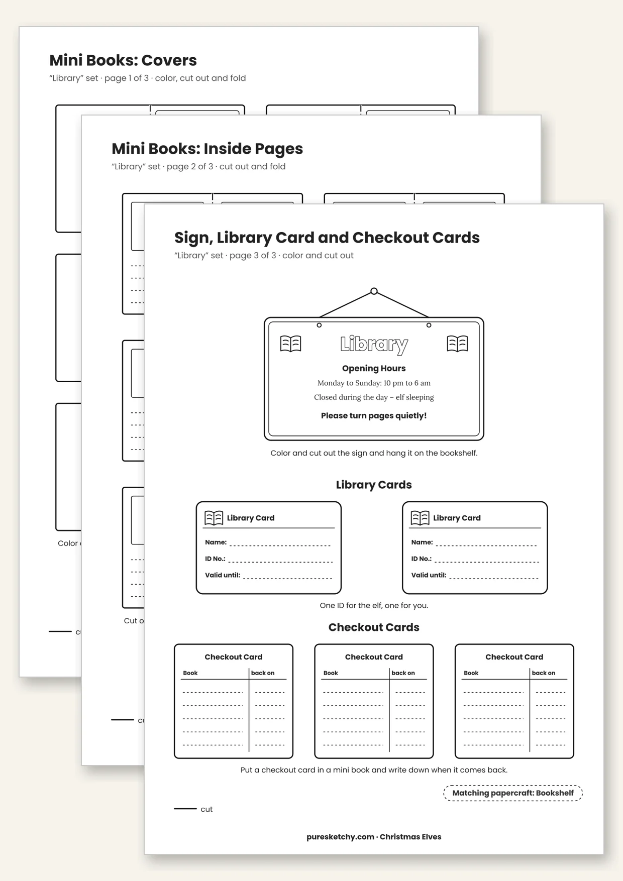 Printable elf library with mini books to fold, library cards and an opening-hours sign