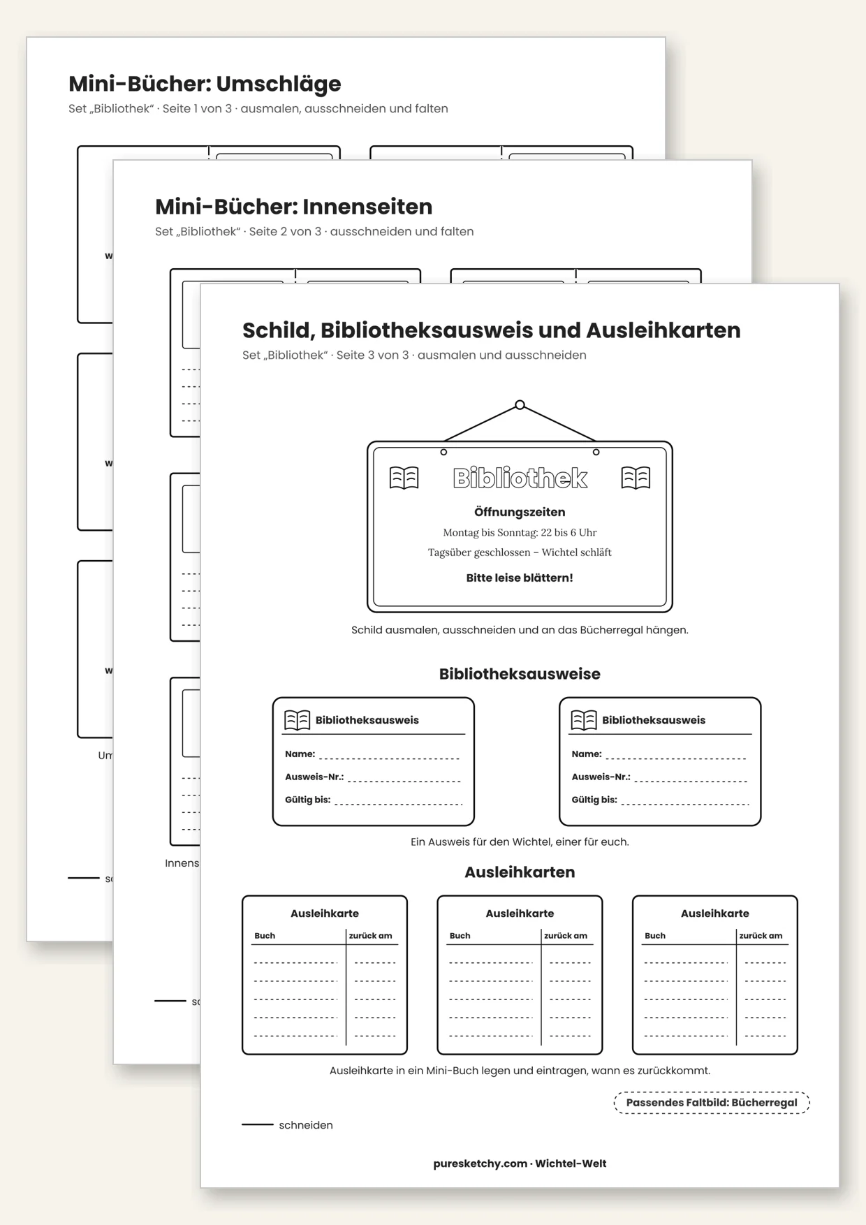 Druckvorlage Wichtel-Bibliothek: Mini-Bücher zum Falten, Bibliotheksausweis und Öffnungszeiten-Schild
