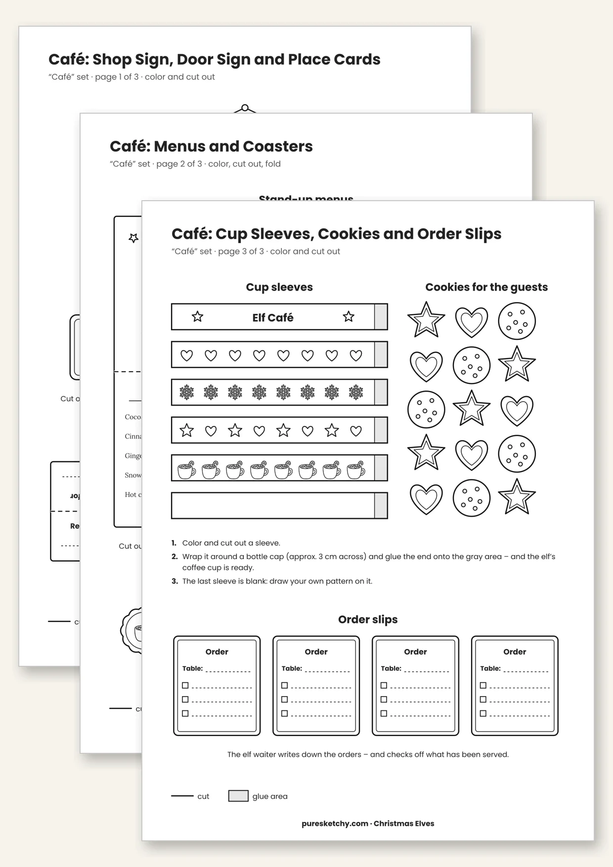Printable elf café with shop sign, open sign, menu, cup sleeves and table cards