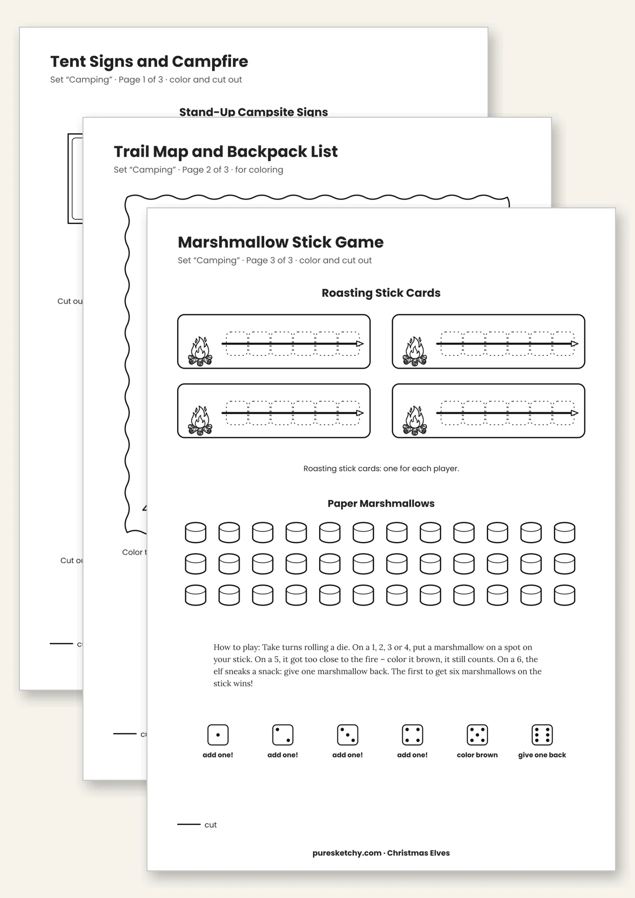 Printable elf camping set with campsite signs, stand-up campfire, hiking map and skewer cards