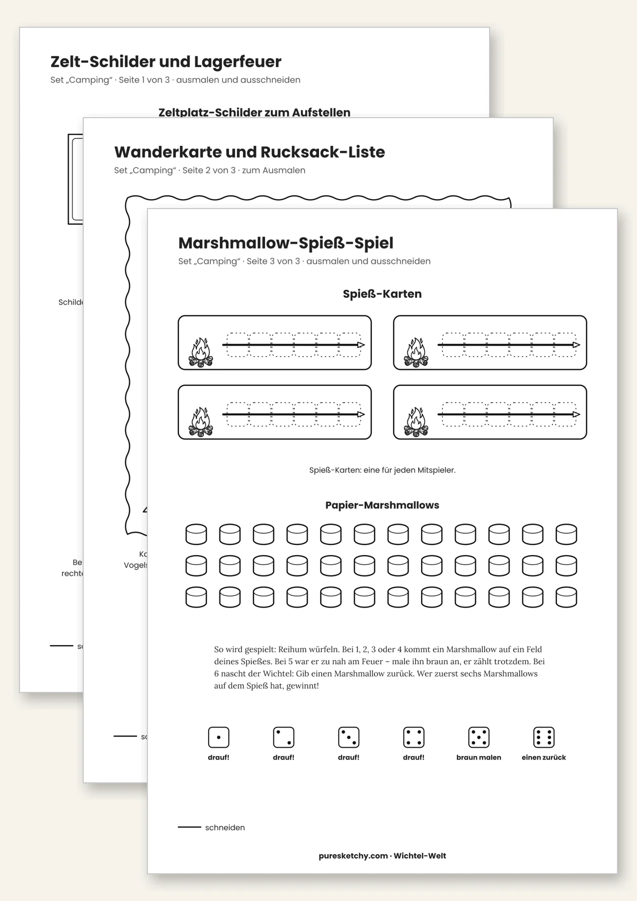 Druckvorlage Wichtel-Camping: Zeltplatz-Schilder, Lagerfeuer zum Aufstellen, Wanderkarte und Spieß-Karten
