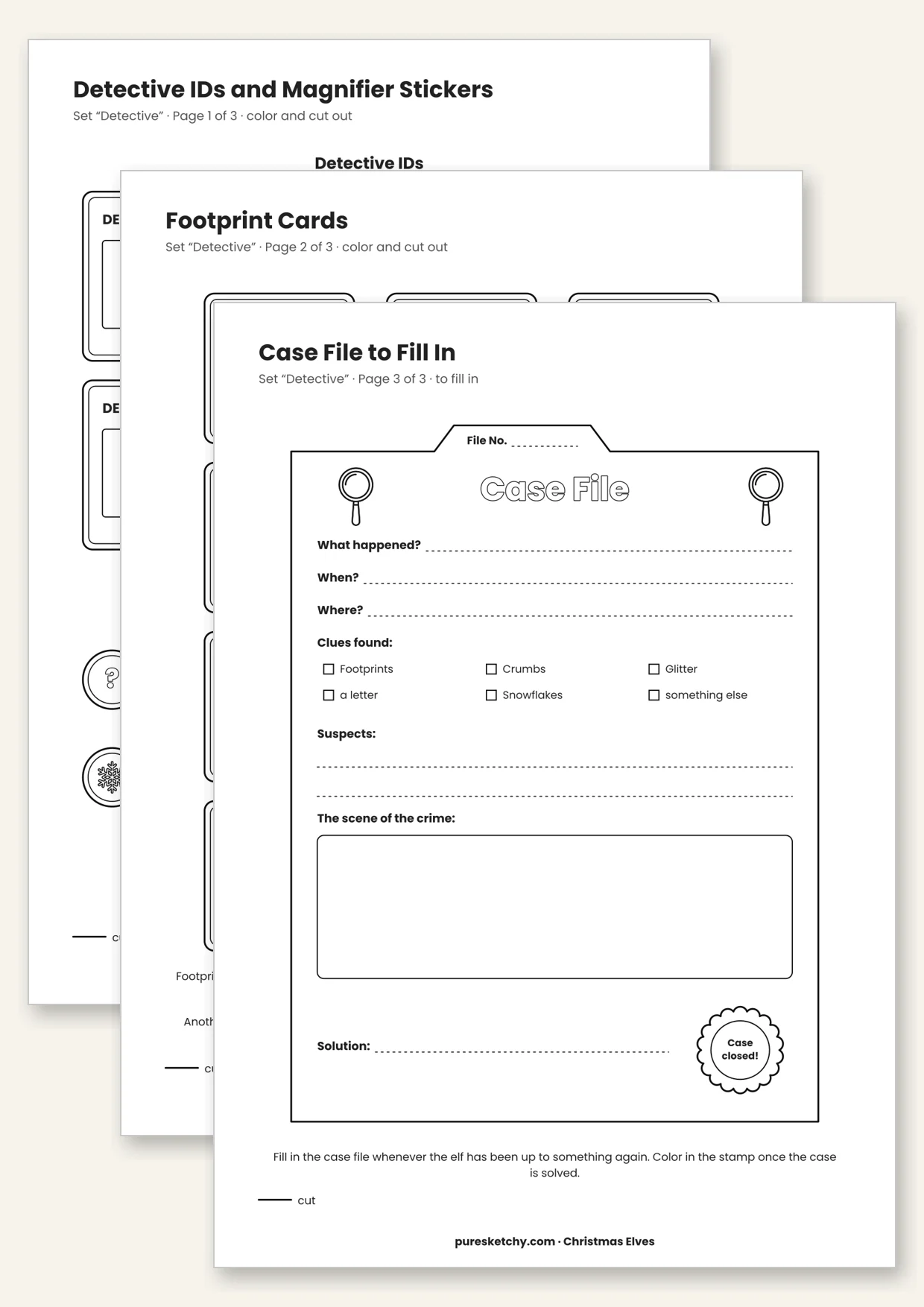 Printable elf detective set with detective IDs, magnifying glass stickers, track cards and case file