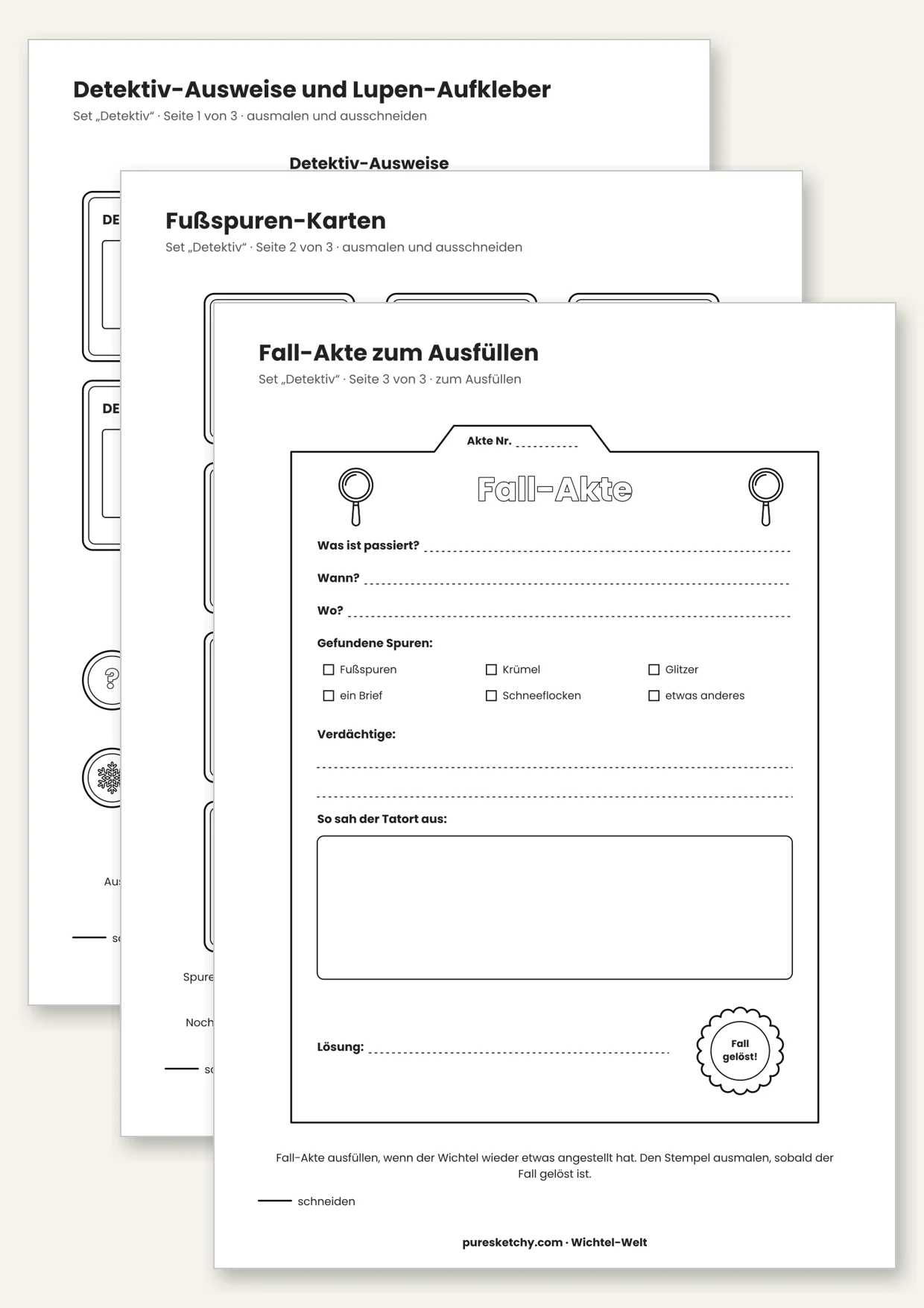 Druckvorlage Wichtel-Detektiv: Detektiv-Ausweise, Lupen-Aufkleber, Spuren-Karten und Fall-Akte