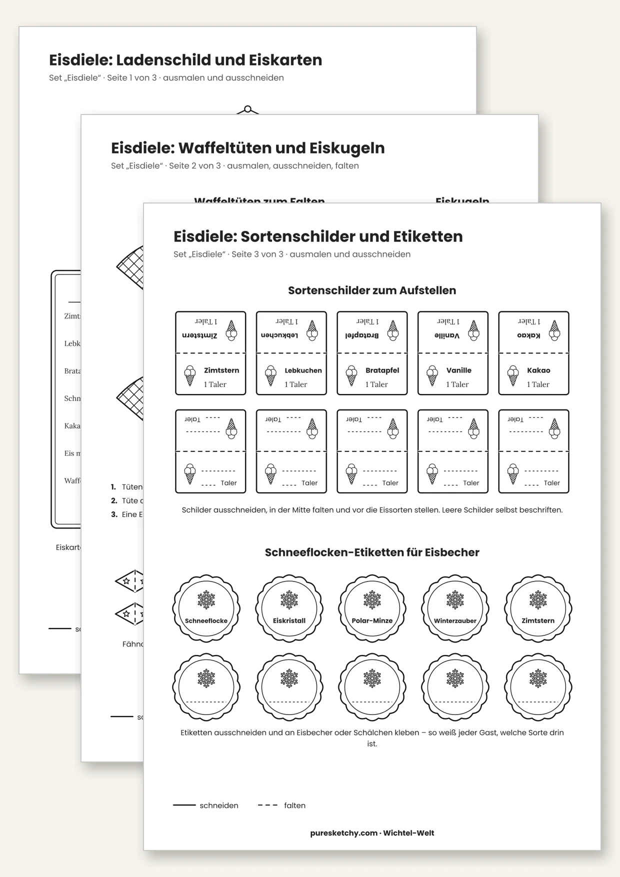 Druckvorlage Wichtel-Eisdiele Winter-Edition: Eiskarte, Waffeltüten, Eiskugeln, Sortenschilder und Etiketten