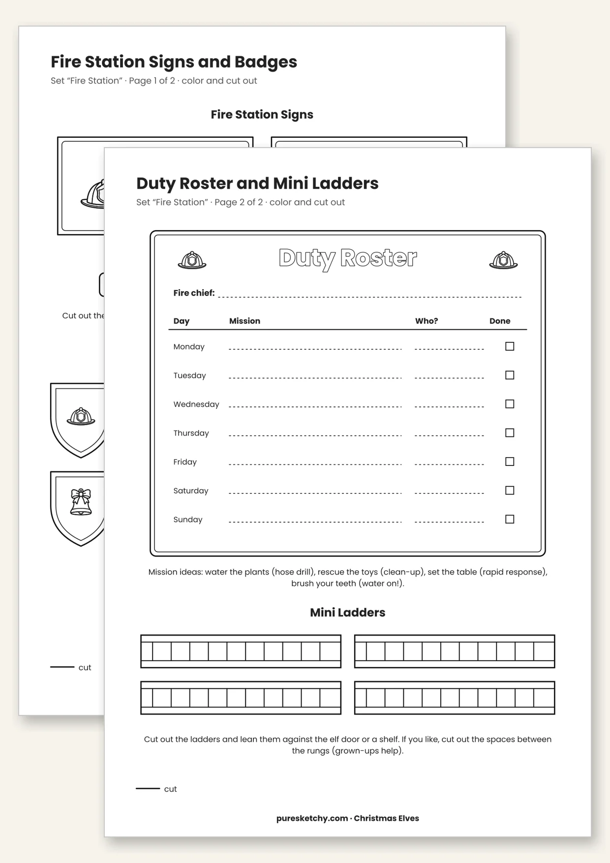 Printable elf fire station with station signs, badges, duty chart and mini ladders