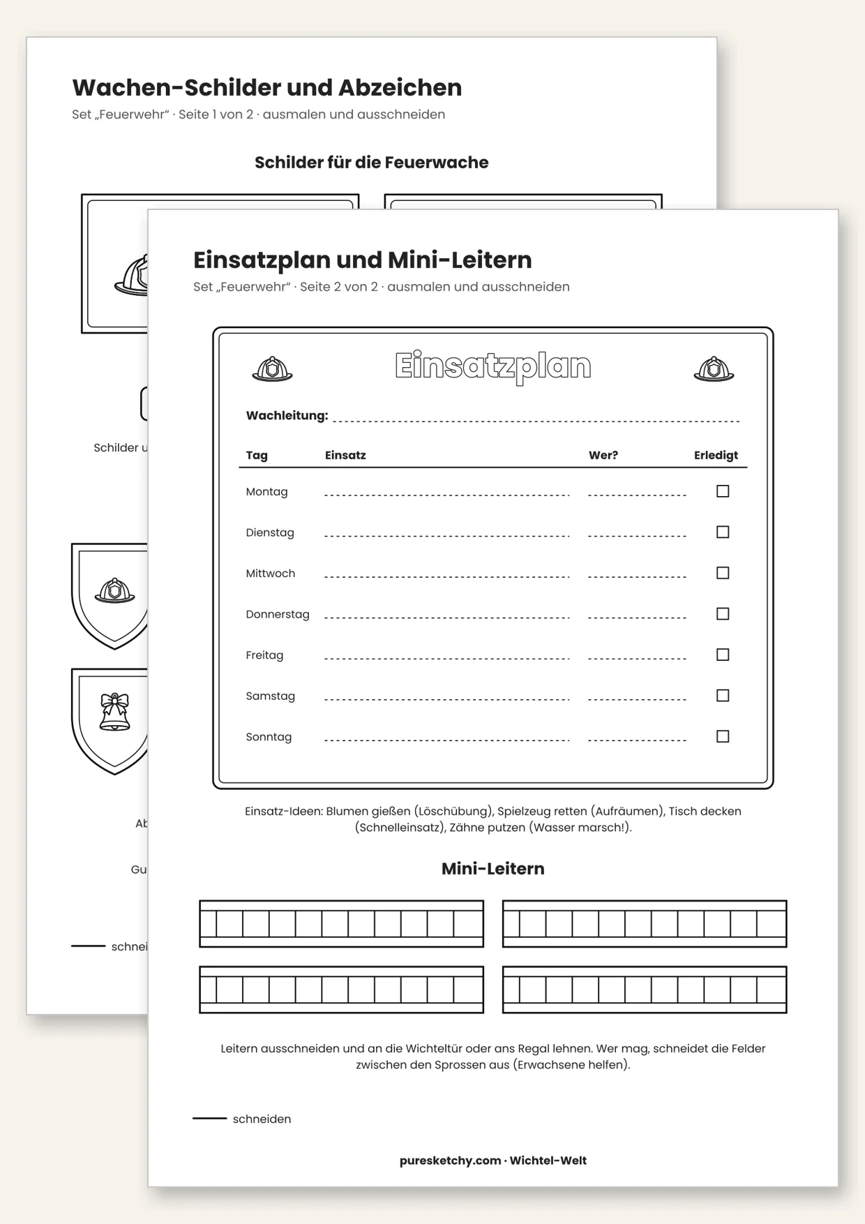 Druckvorlage Wichtel-Feuerwehr: Feuerwache-Schilder, Abzeichen, Einsatzplan und Mini-Leitern