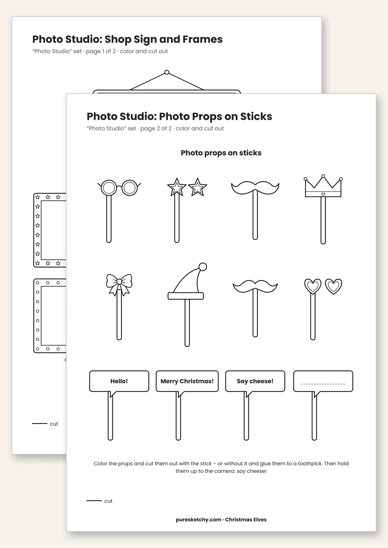 Printable elf photo studio with shop sign, mini photo frames and photo props on sticks