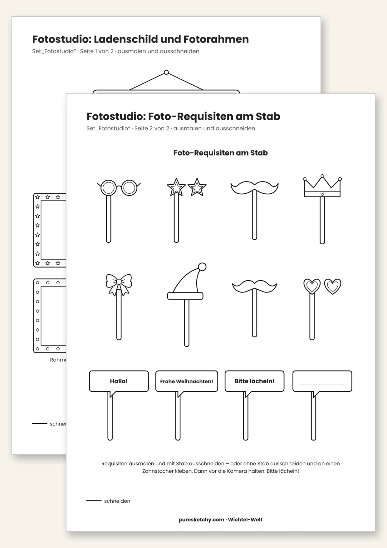 Druckvorlage Wichtel-Fotostudio: Ladenschild, Mini-Fotorahmen und Foto-Requisiten am Stab