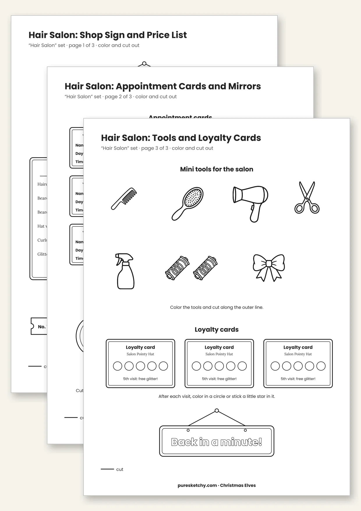 Printable elf hair salon with shop sign, price list, appointment cards, mini mirror and tools