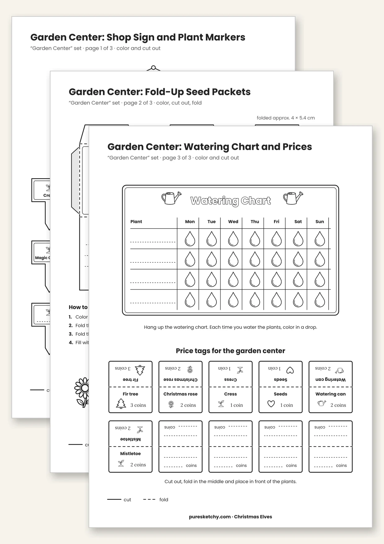 Printable elf garden center with plant markers, seed packets, watering chart, price tags and shop sign