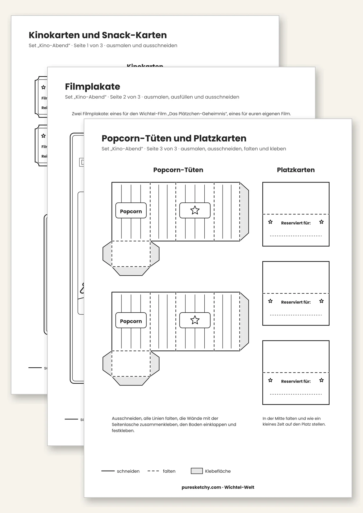 Druckvorlage Wichtel-Kino: Kinokarten, Snack-Karten, Filmplakat, Popcorn-Tüten zum Falten und Platzkarten