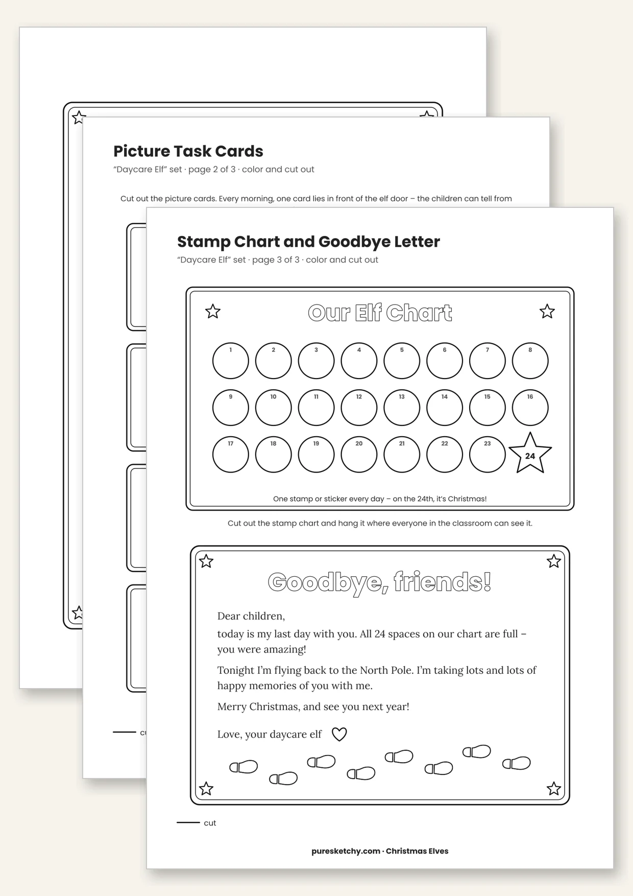 Printable daycare elf with welcome letter, picture task cards and a 24-box stamp card