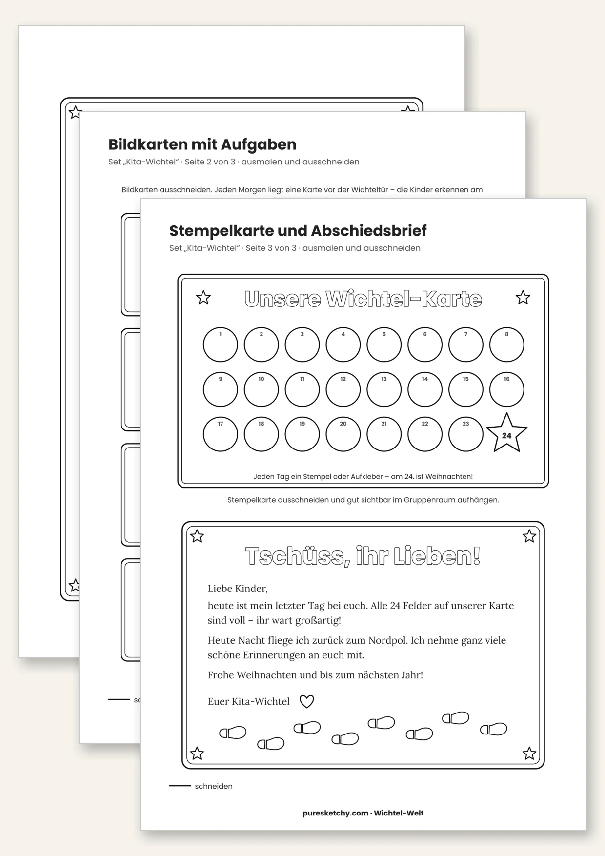Druckvorlage Kita-Wichtel: Begrüßungsbrief, Bildkarten mit Aufgaben und Stempelkarte mit 24 Feldern