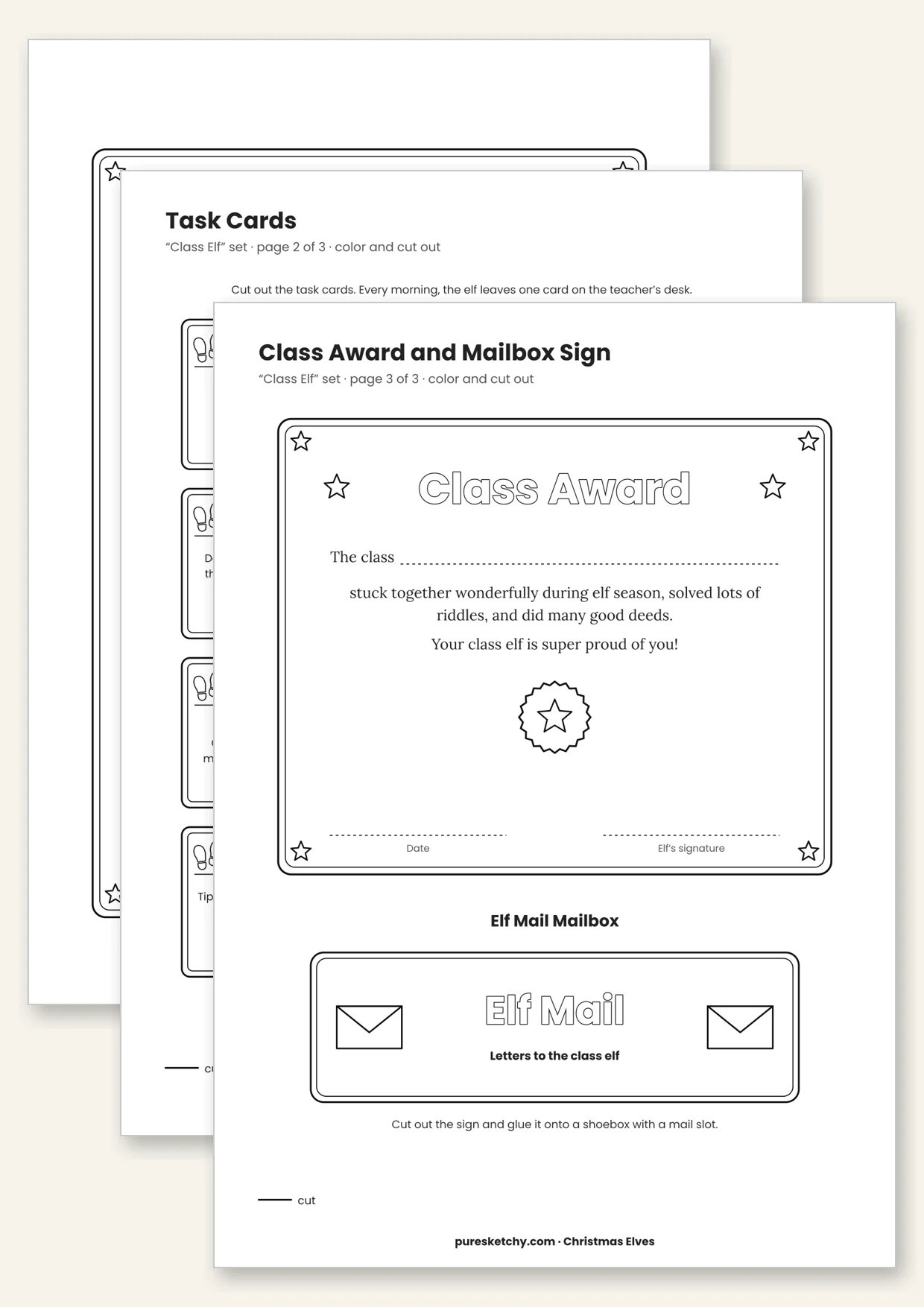 Printable class elf with welcome letter, task cards, class certificate and elf mail mailbox