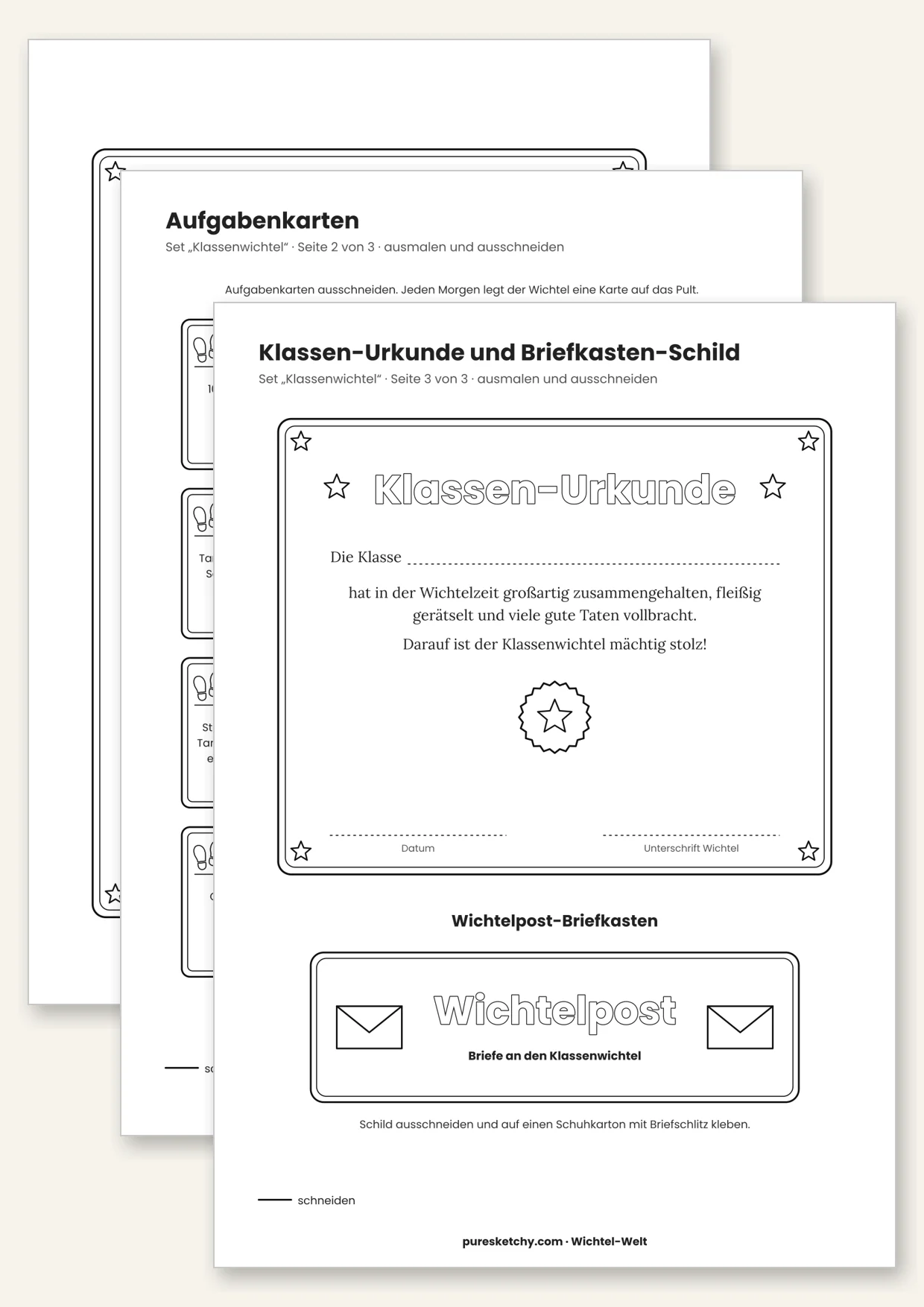 Druckvorlage Klassenwichtel: Begrüßungsbrief an die Klasse, Aufgabenkarten, Klassen-Urkunde und Wichtelpost-Briefkasten