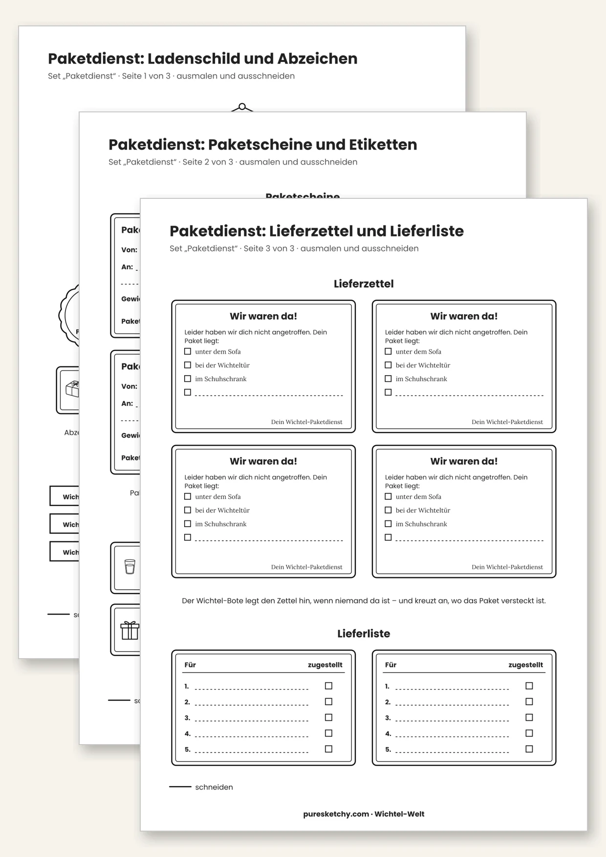 Druckvorlage Wichtel-Paketdienst: Paketscheine, Paket-Etiketten, Lieferzettel, Abzeichen und Paketband