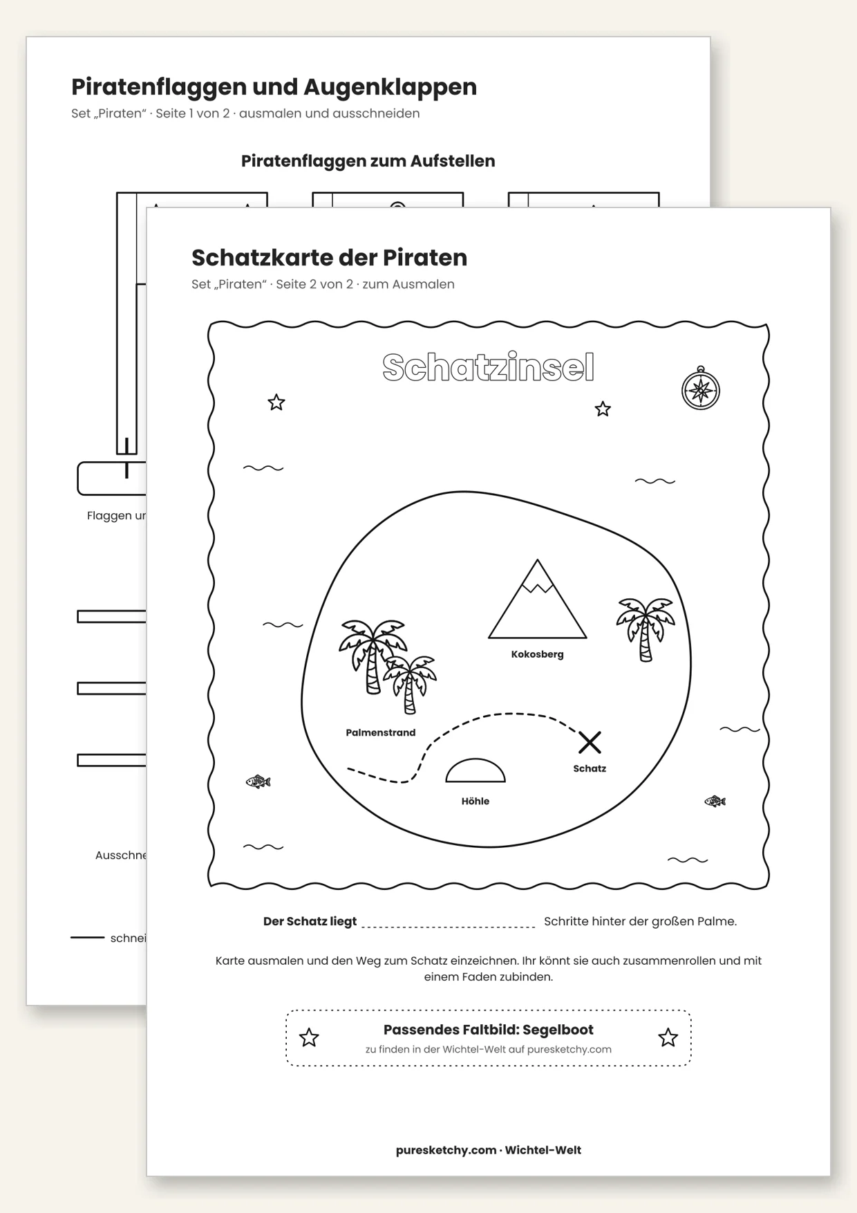 Druckvorlage Wichtel-Piraten: Piratenflaggen, Augenklappen in Wichtelgröße und Schatzinsel-Karte