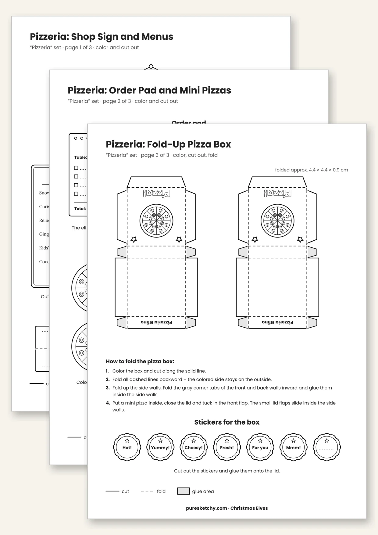 Printable elf pizzeria with shop sign, menu, order pad, mini pizzas and a pizza box to fold