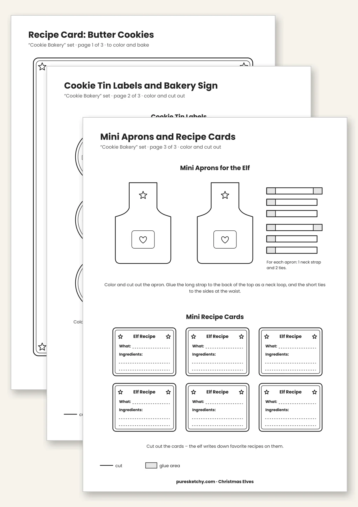Printable elf cookie bakery with butter cookie recipe card, tin labels, mini apron and bakery sign