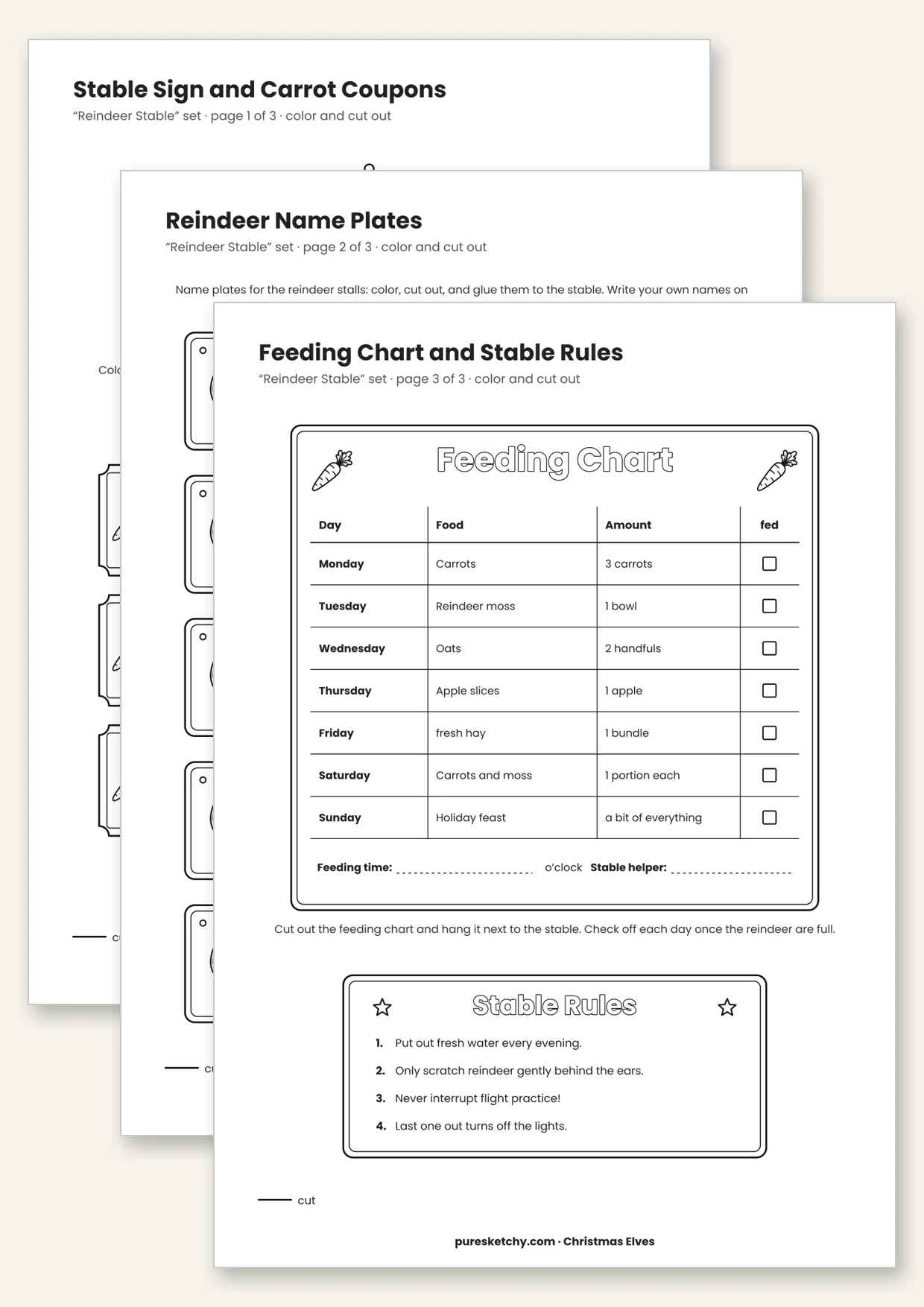 Printable elf reindeer stable with stable sign, carrot vouchers, name tags and feeding chart