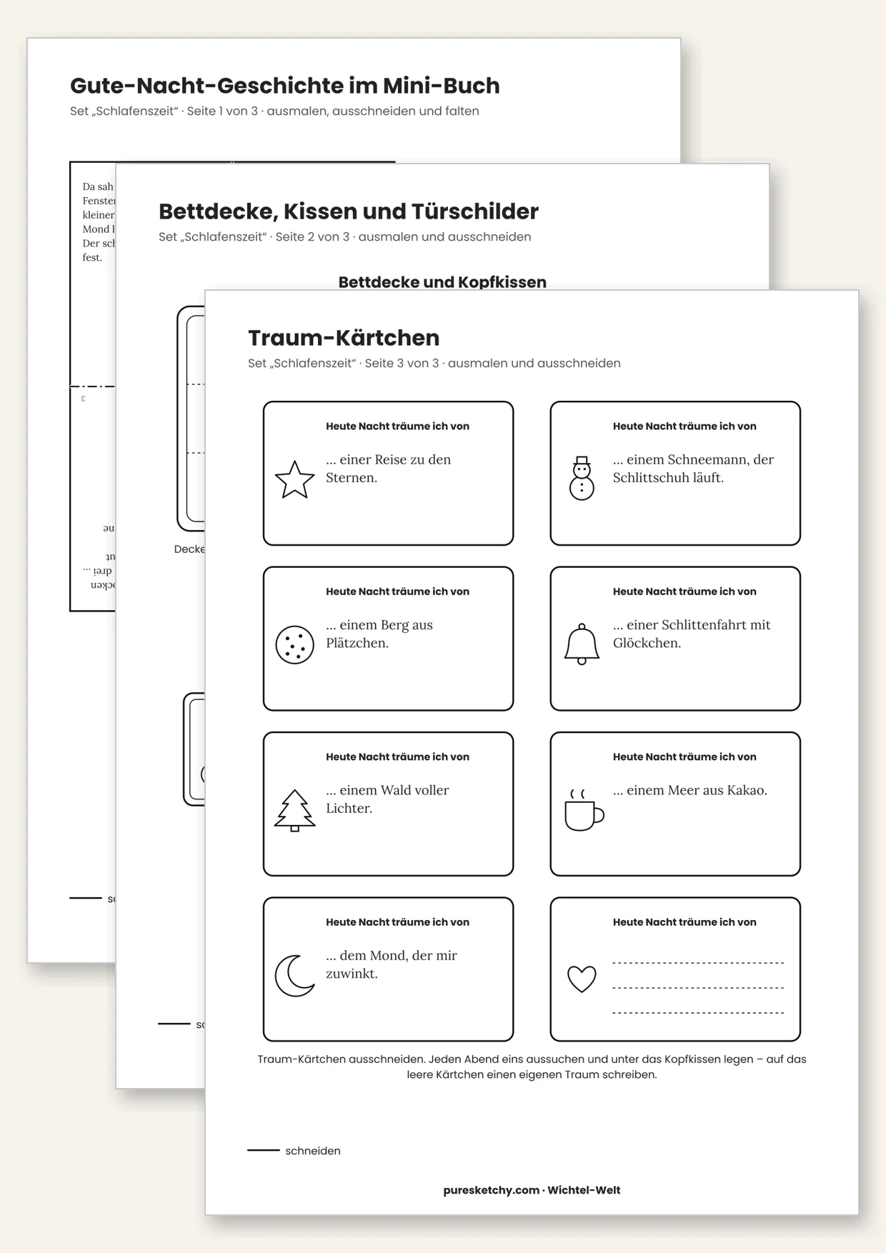 Druckvorlage Wichtel Schlafenszeit: Gute-Nacht-Geschichte als Mini-Buch, Bettdecke, Traum-Kärtchen und Türschilder