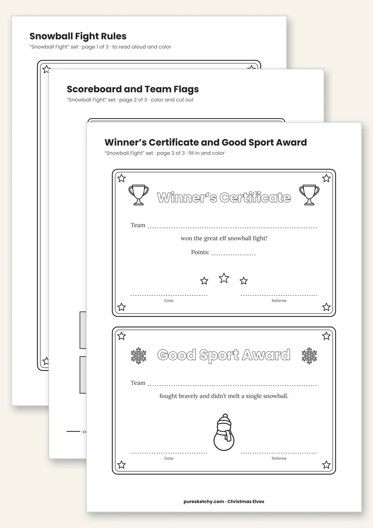 Printable elf snowball fight with game rules, scoreboard, team flags and winner certificate