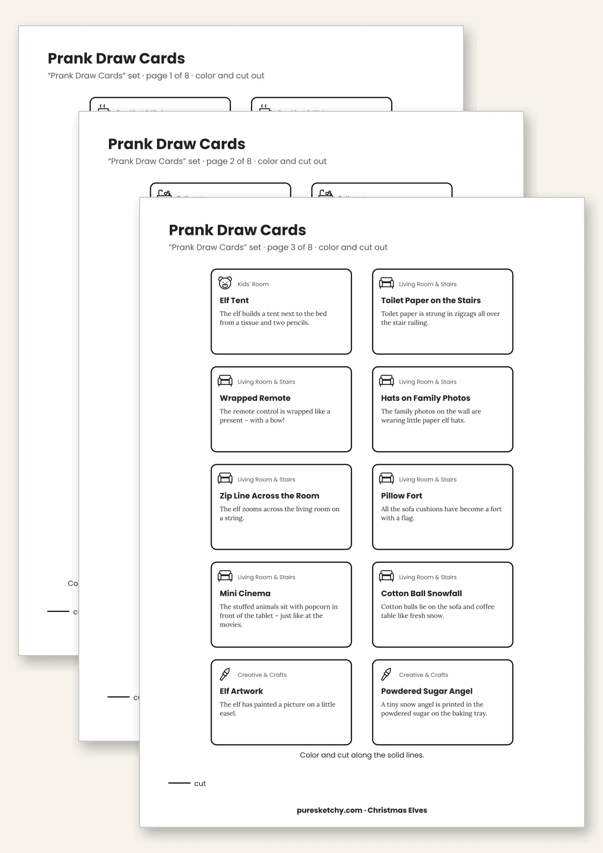Printable elf prank idea cards with a fold-up draw box, ready to color and cut out