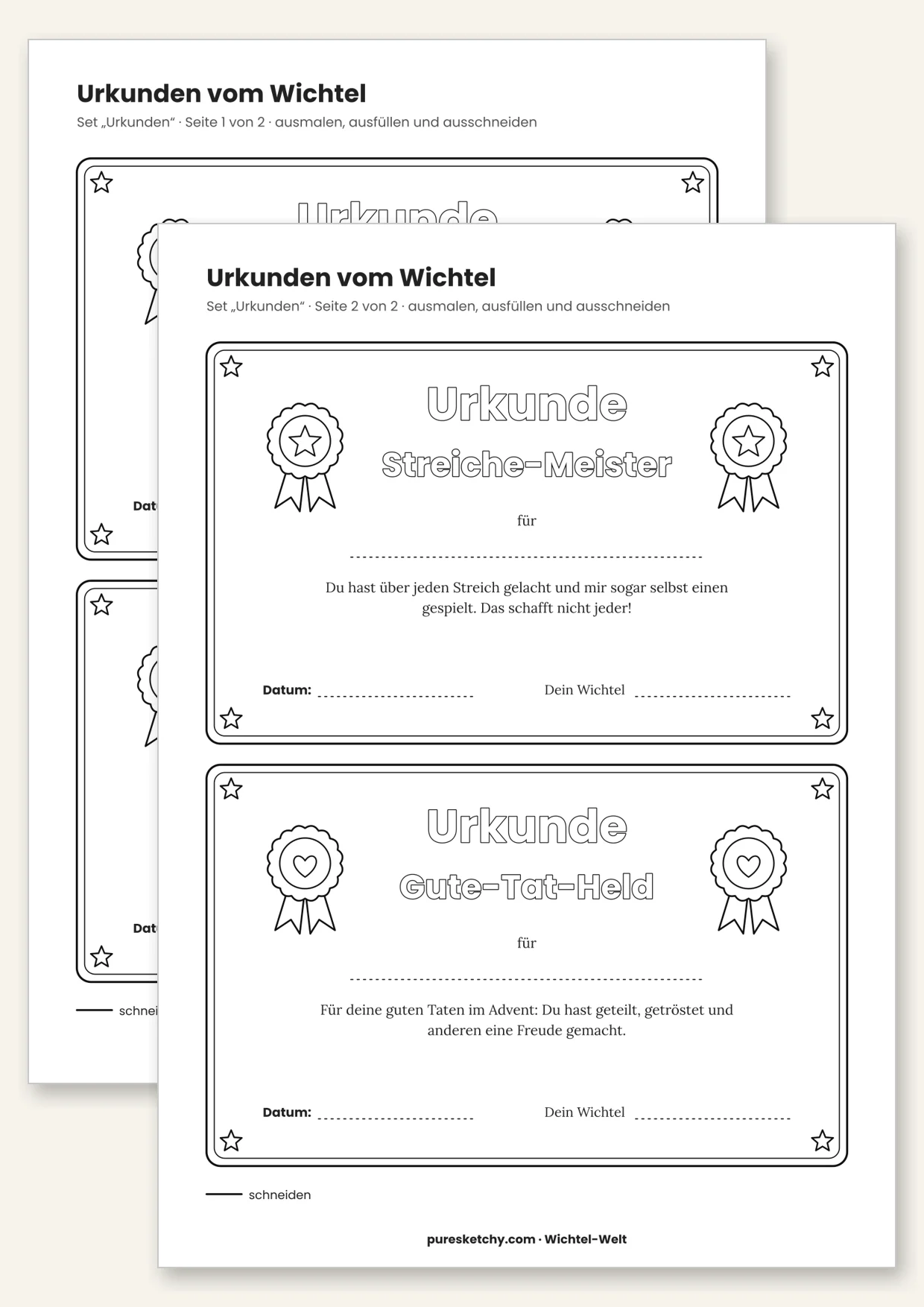 Druckvorlage Wichtel-Urkunden: Bester Helfer, Wichtelfreund, Streiche-Meister und Gute-Tat-Held zum Ausmalen