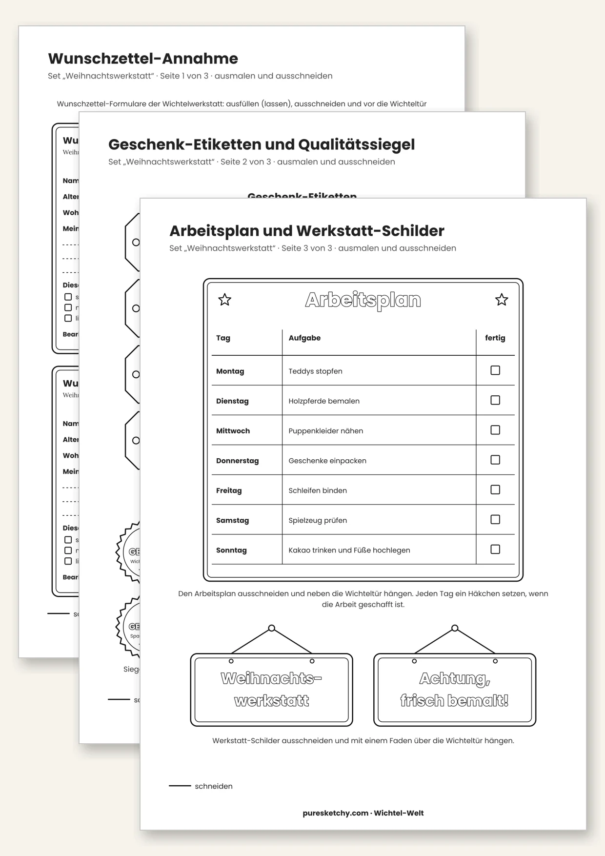 Druckvorlage Wichtel-Weihnachtswerkstatt: Wunschzettel-Formulare, Geschenk-Etiketten, Qualitätssiegel und Arbeitsplan