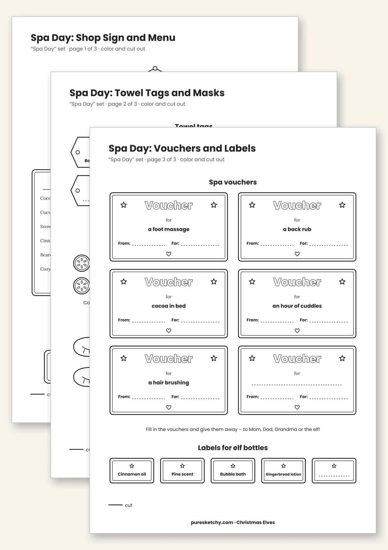 Printable elf spa day with spa menu, towel labels, cucumber masks and vouchers