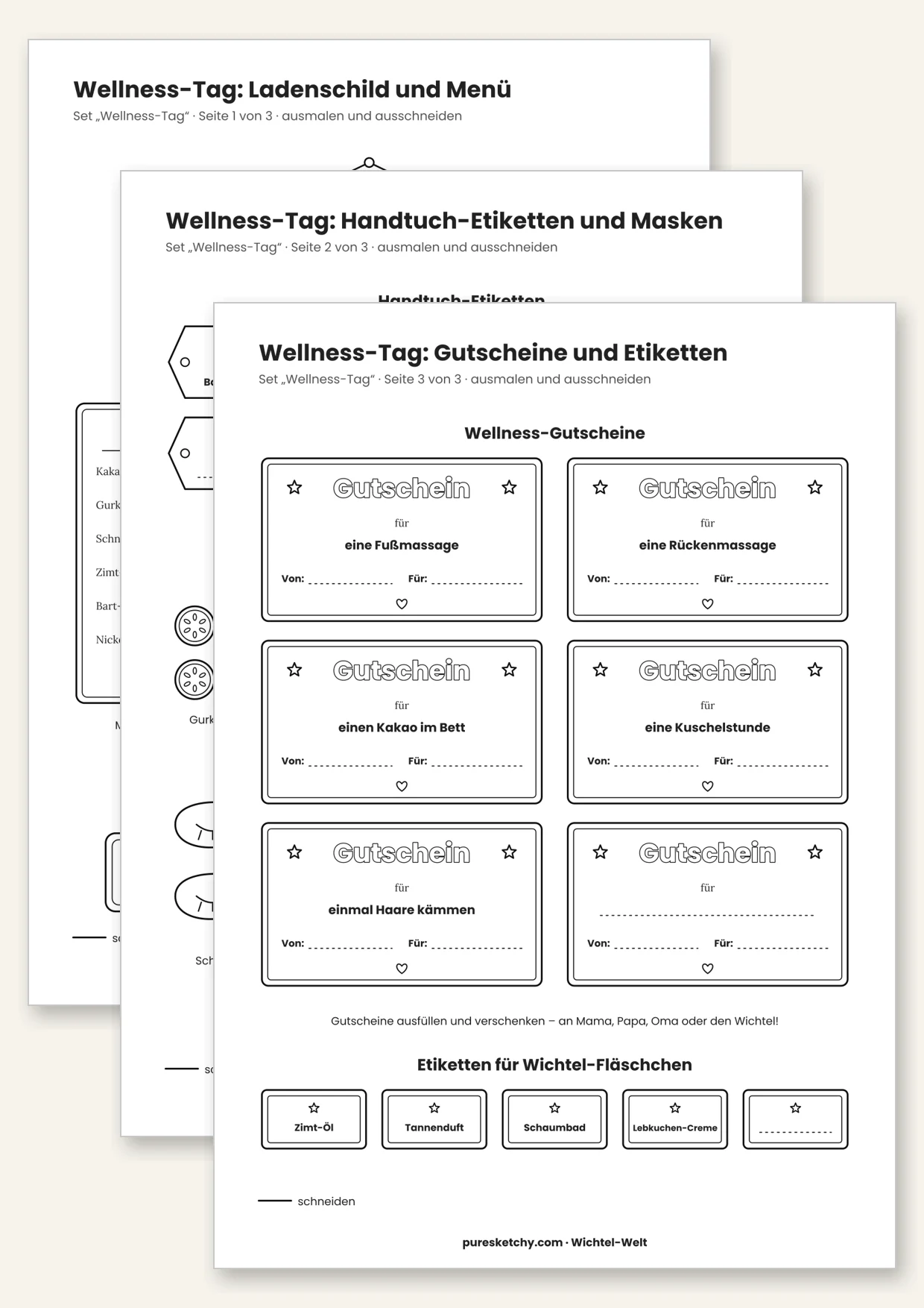 Druckvorlage Wichtel-Wellness-Tag: Wellness-Menü, Handtuch-Etiketten, Gurkenscheiben-Masken und Gutscheine