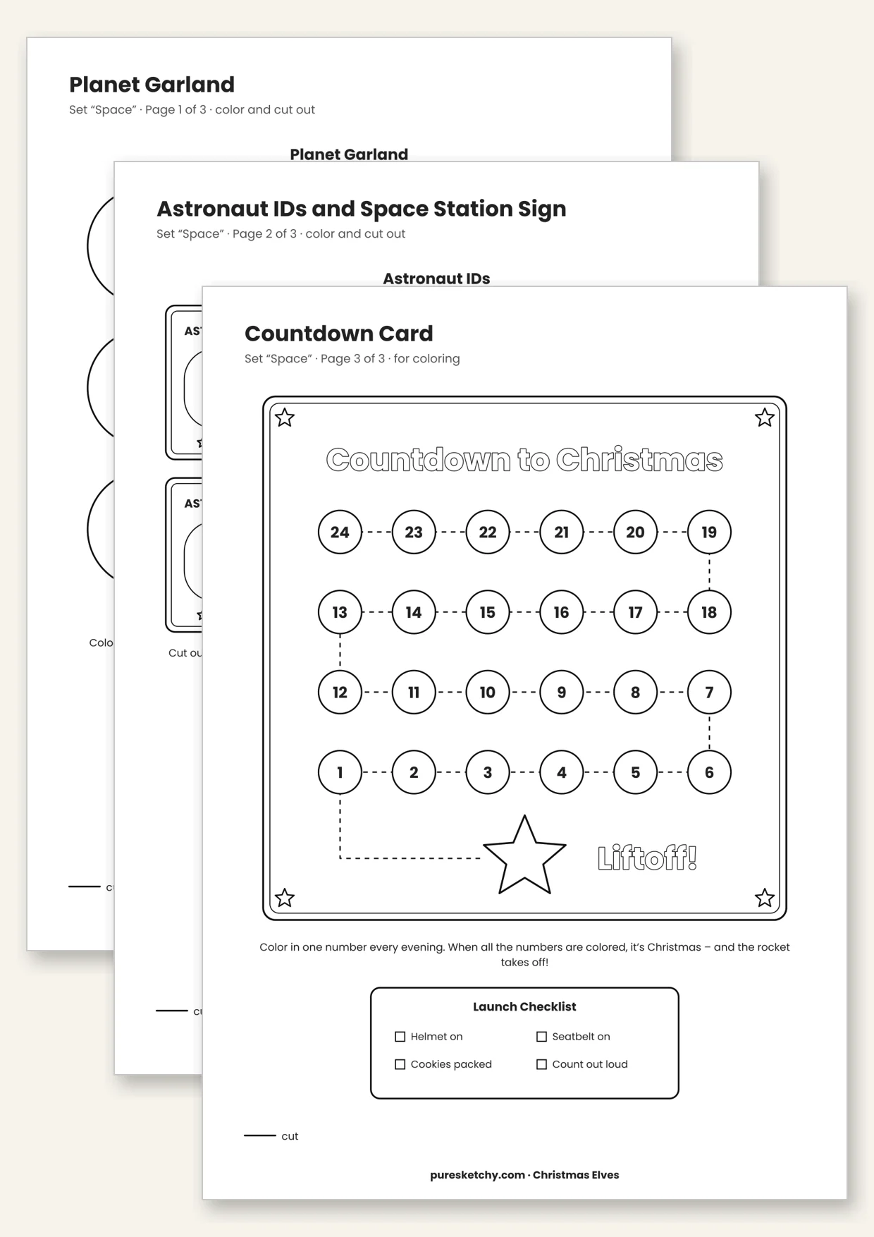 Printable elf space set with planet garland, astronaut IDs, space station sign and countdown card