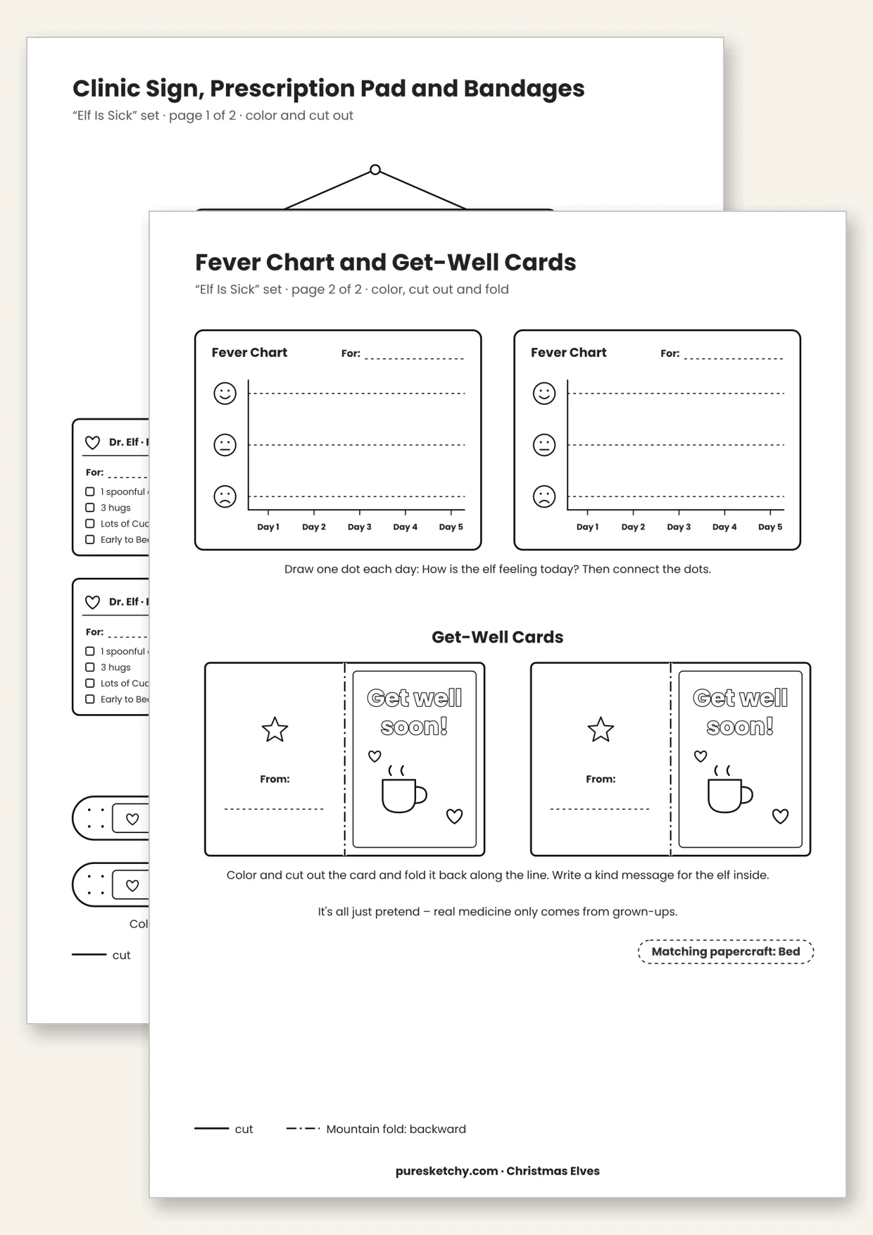 Printable elf doctor set with clinic sign, prescription pad, bandages, fever chart and get-well card