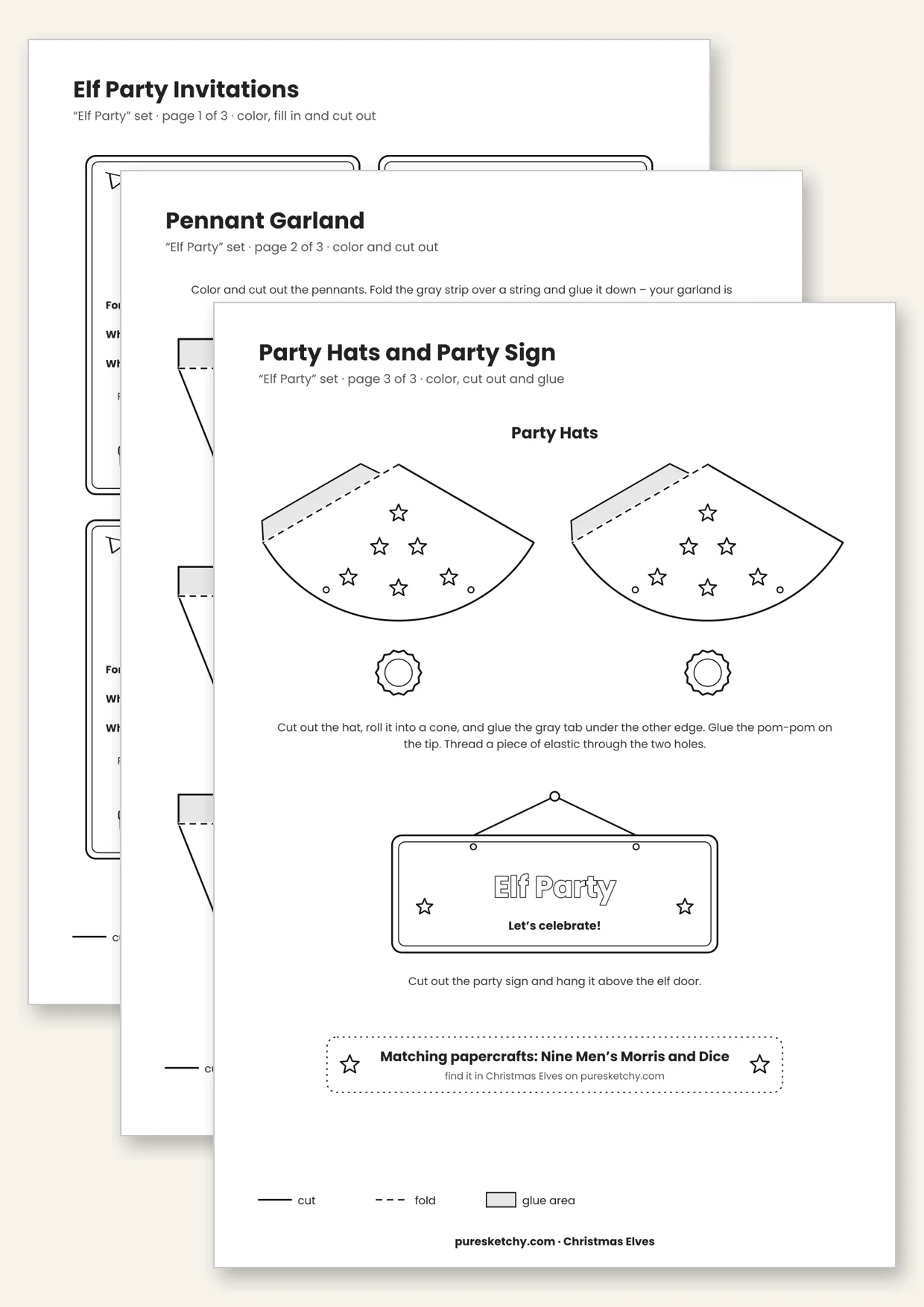 Printable elf party with invitation, pennant banner, party hats and party sign
