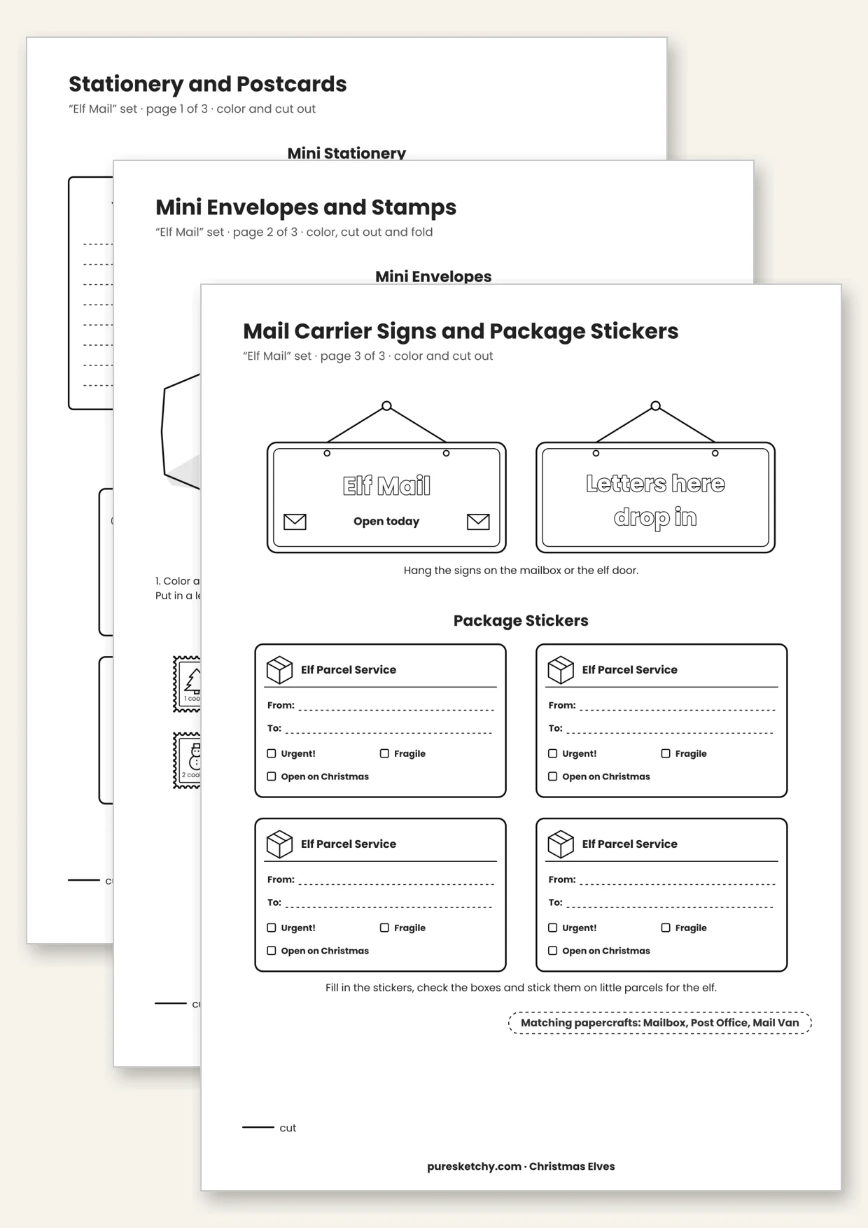 Printable elf mail set with mini stationery, envelopes, stamps, postcard and parcel stickers