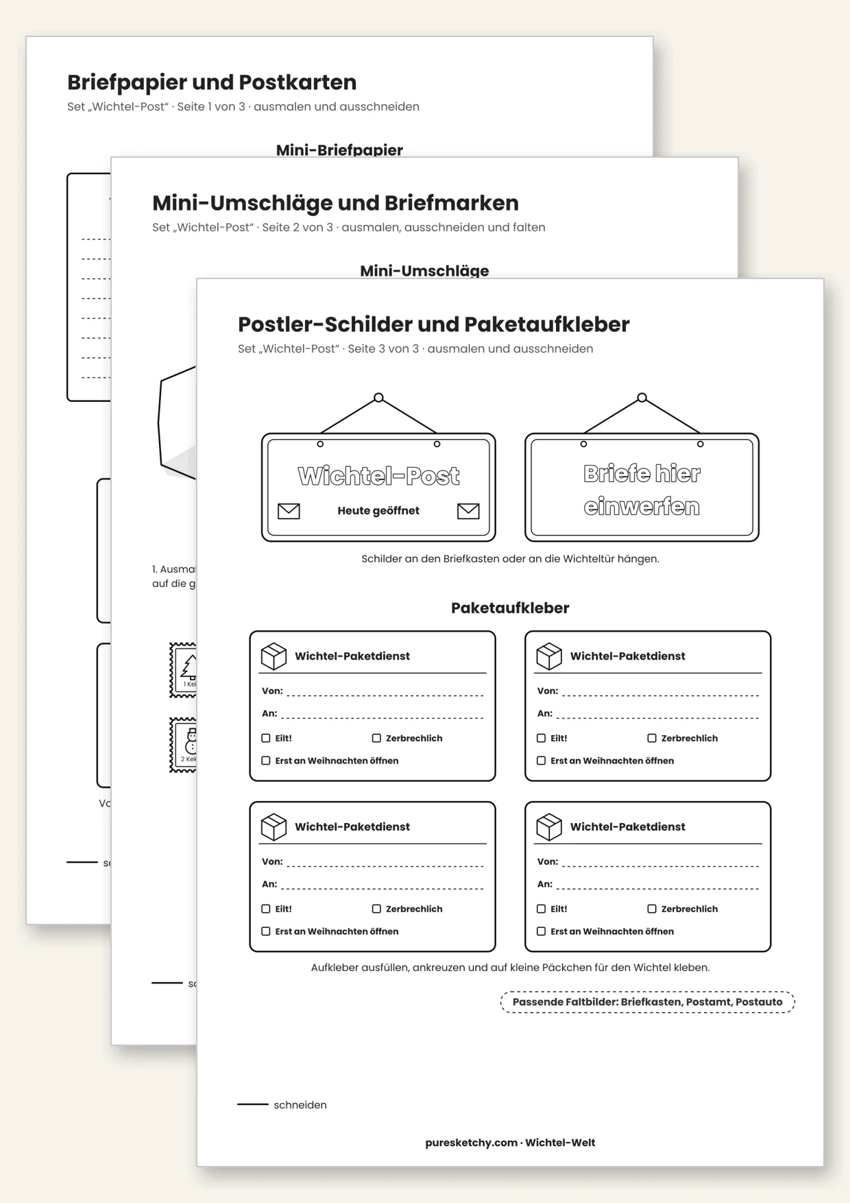 Druckvorlage Wichtel-Post: Mini-Briefpapier, Umschläge, Briefmarken, Postkarte und Paketaufkleber