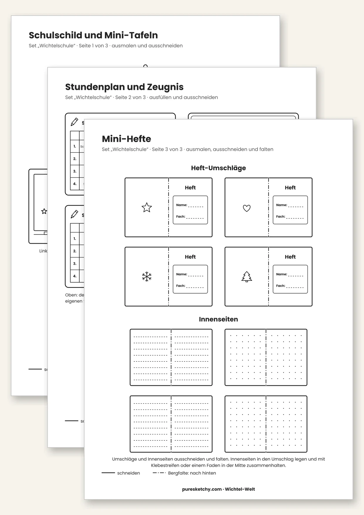 Druckvorlage Wichtelschule: Schulschild, Mini-Tafeln, Stundenplan und Heft-Umschläge