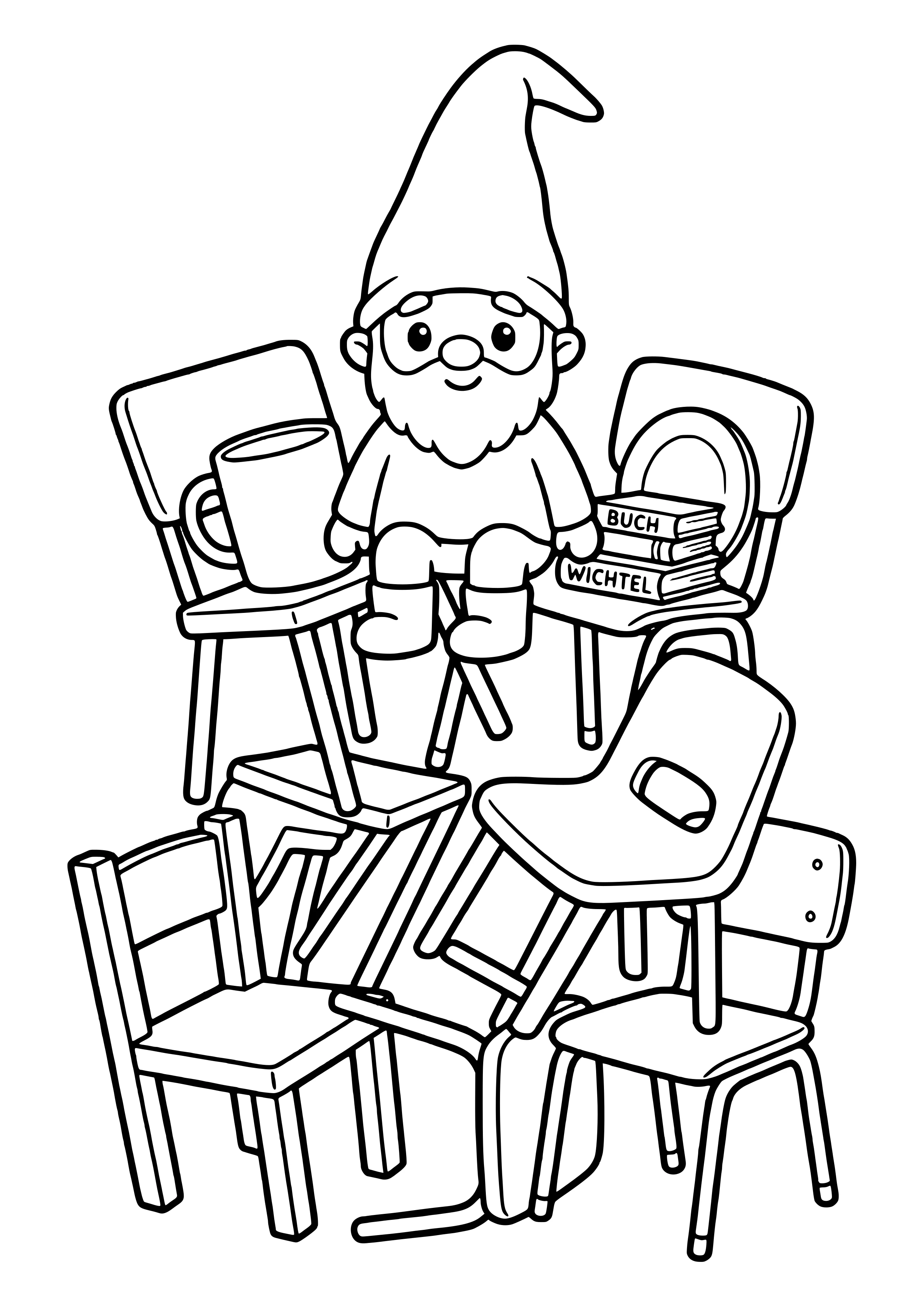 A little elf sits on a stack of chairs while the classroom chairs are jumbled – coloring page for the Swapped Chairs elf idea.