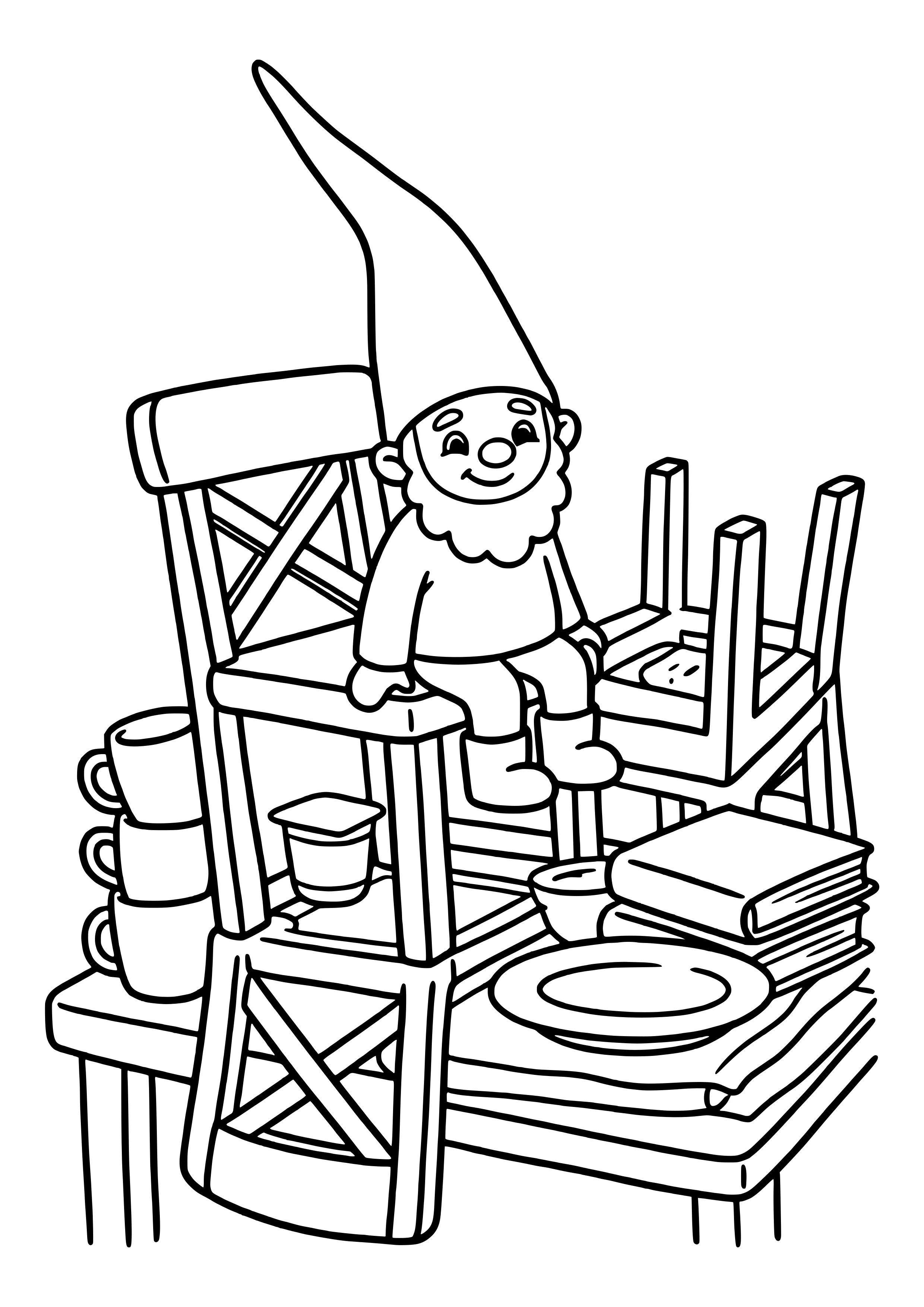 A little elf sits on a chair leg while kitchen chairs stand upside down on the table – coloring page for the Upside-Down Chairs elf idea.