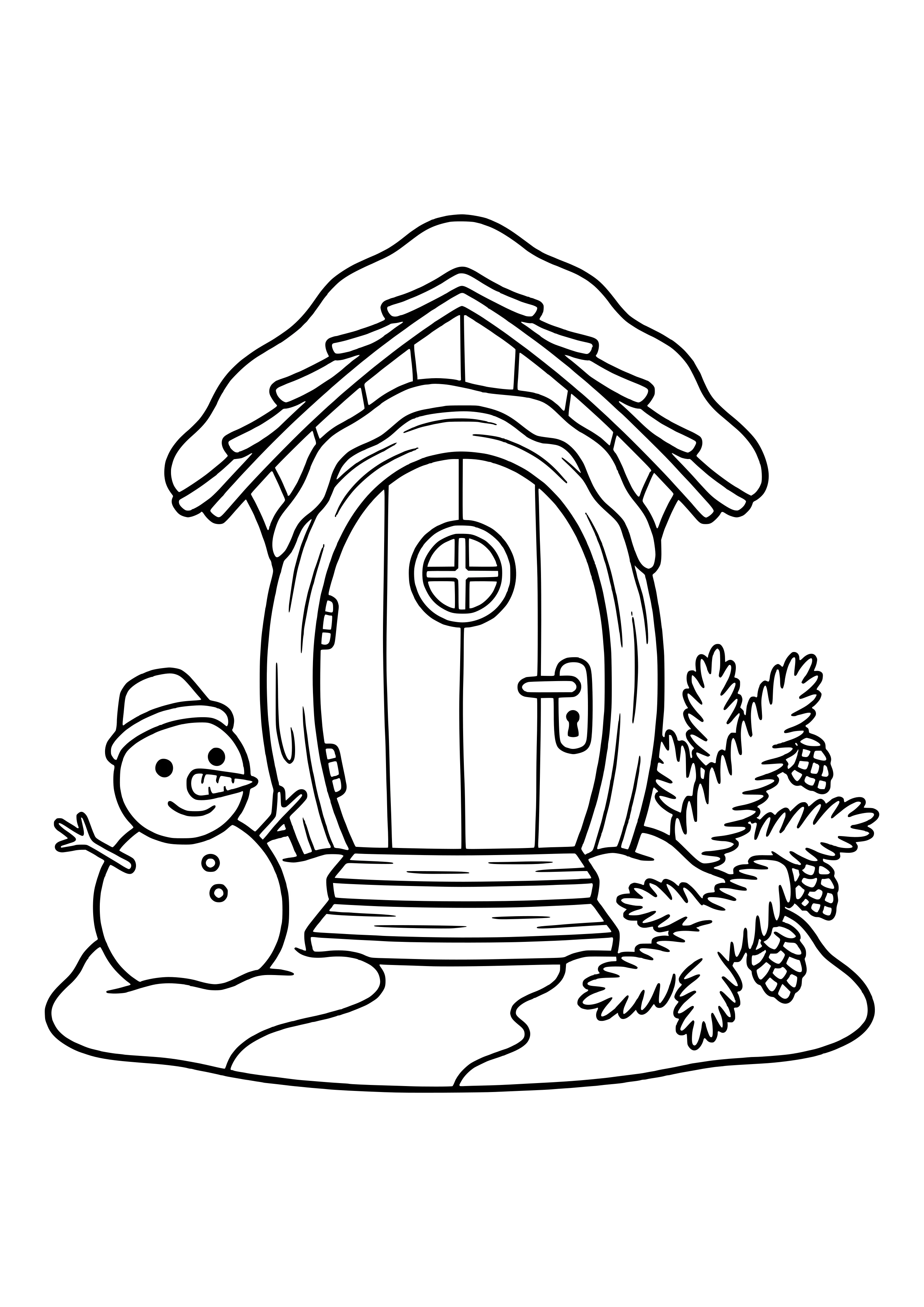 Coloring page of a snowy elf door with a snow-covered roof, a tiny snowman, and fir branches in front