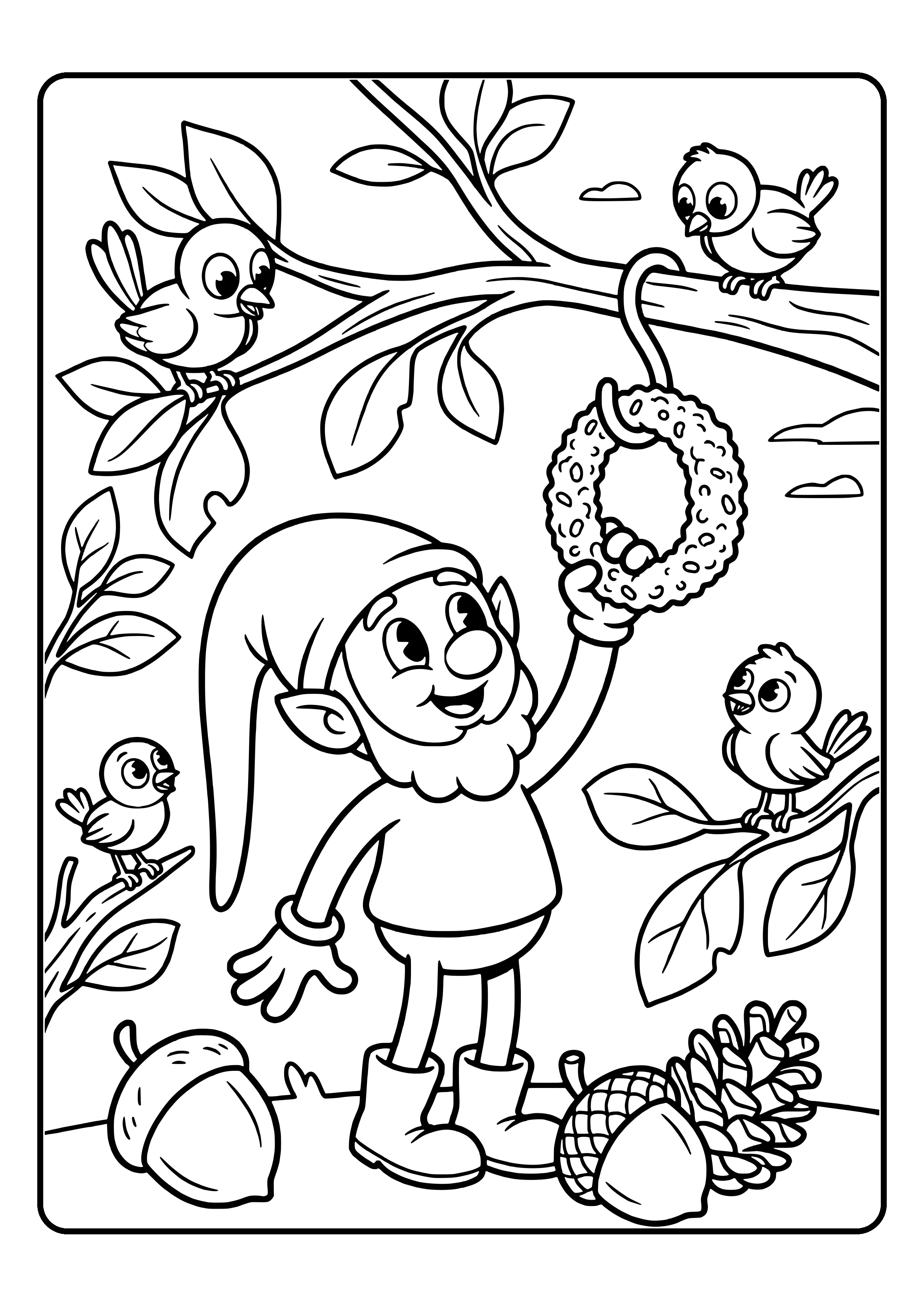 Elf prank idea bird feeding station: the little elf hangs a bird feeder ring on a branch outside while birds watch curiously – coloring page