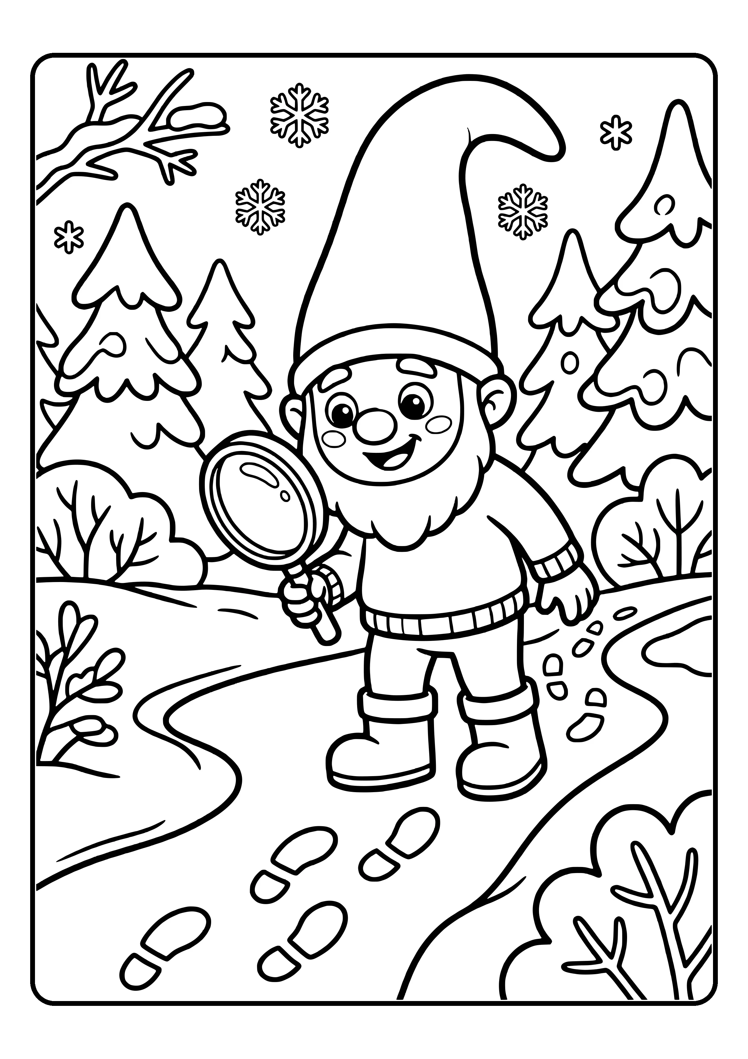 Coloring page of an elf with a magnifying glass following footprints