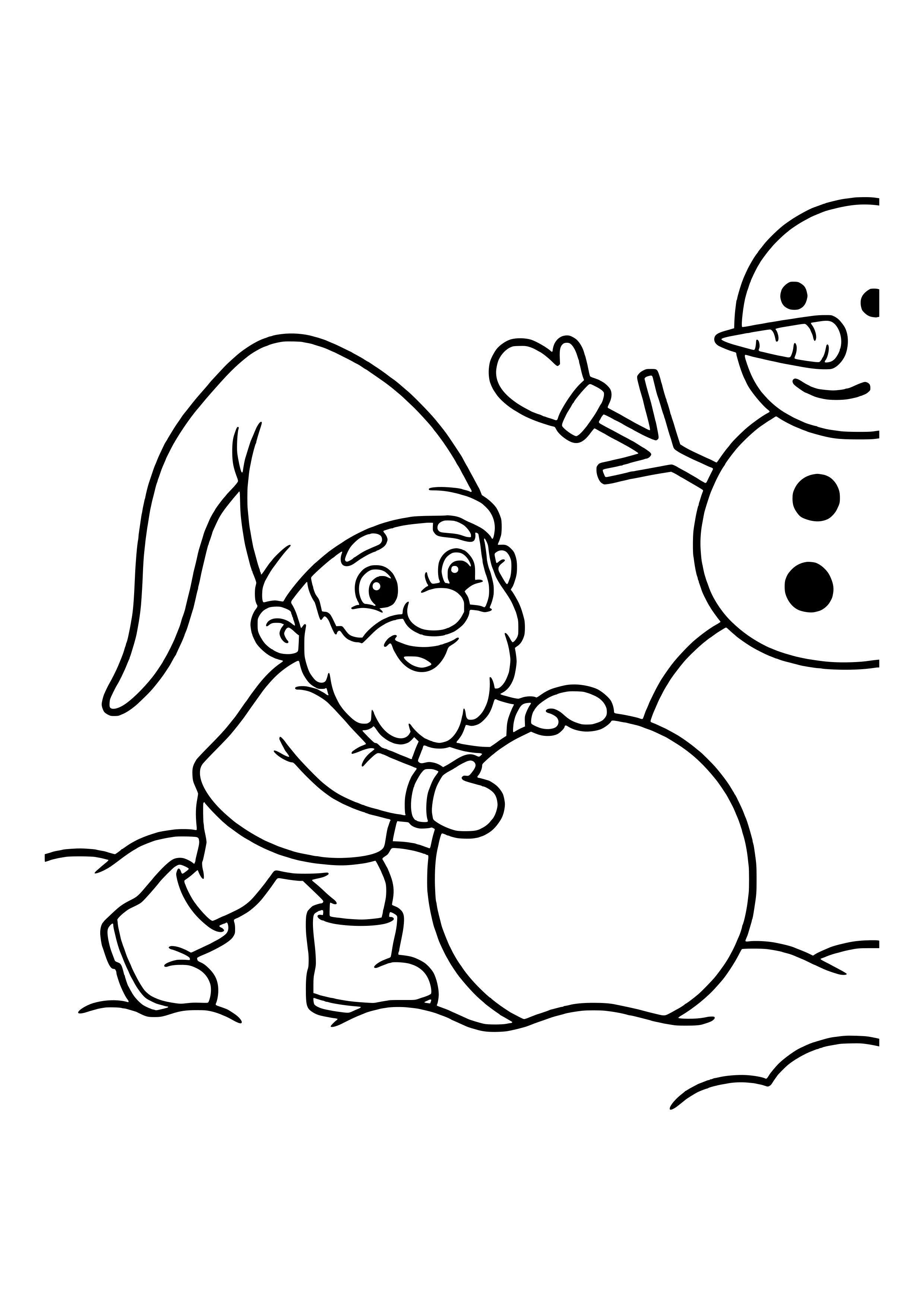 Ausmalbild eines Wichtels, der eine große Schneekugel rollt, neben einem halb fertigen Schneemann