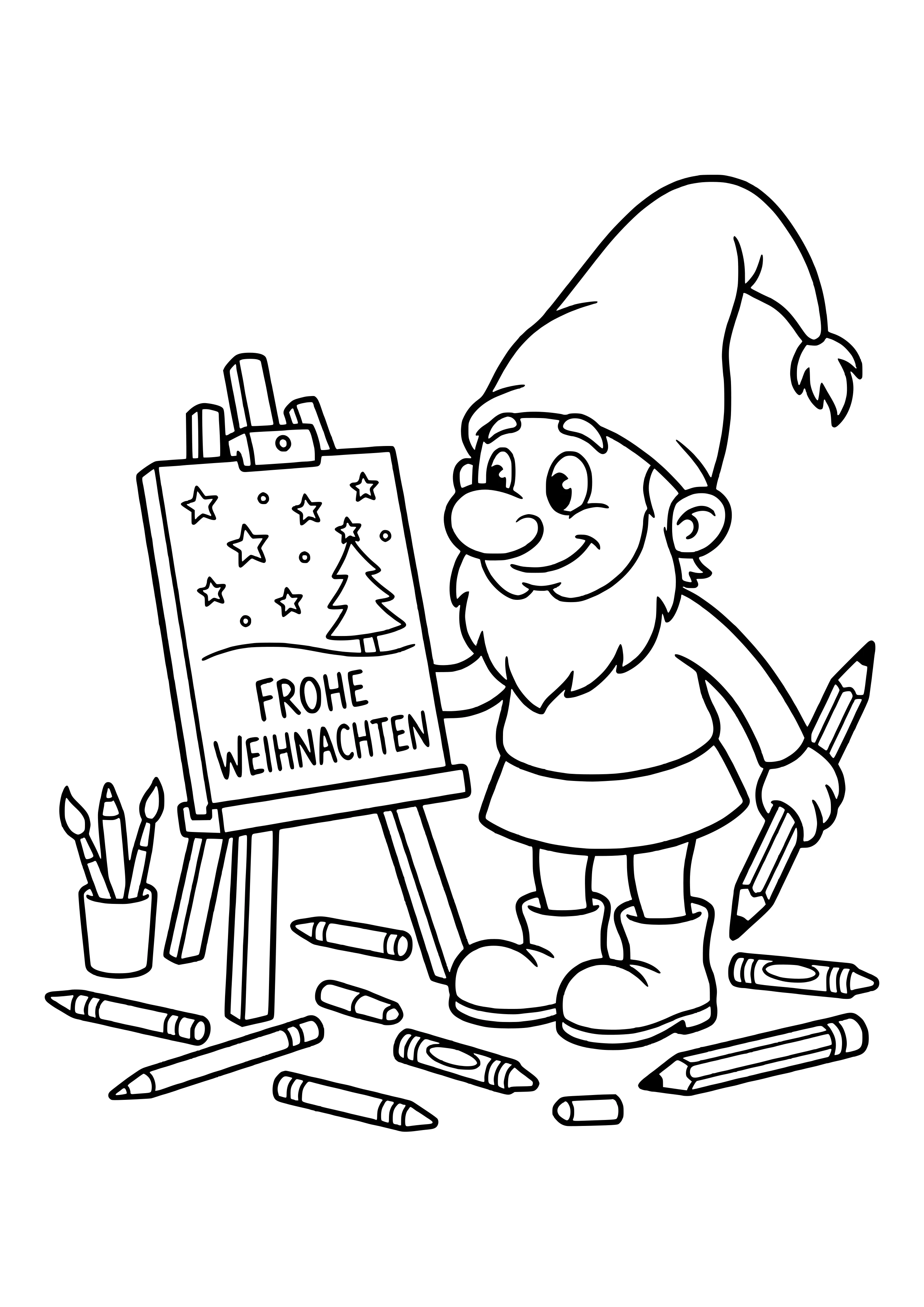 Elf prank idea elf masterpiece: the little elf stands before a small easel with a painting he made, pencils scattered all around – coloring page