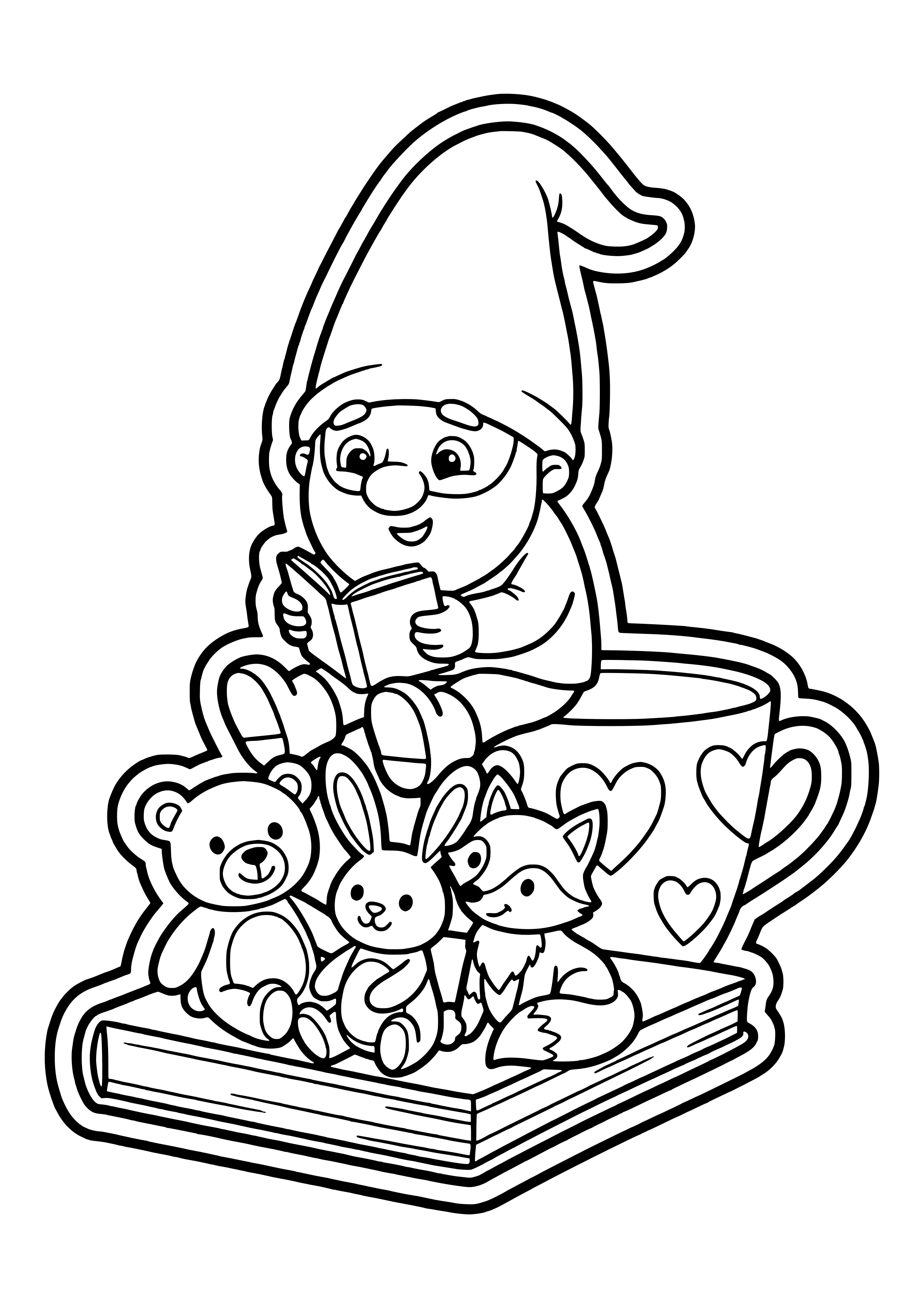 Der Wichtel sitzt auf einem großen Buch, hält ein winziges Buch und liest Kuscheltieren vor – Ausmalbild zum Wichtelstreich Wichtel liest vor.